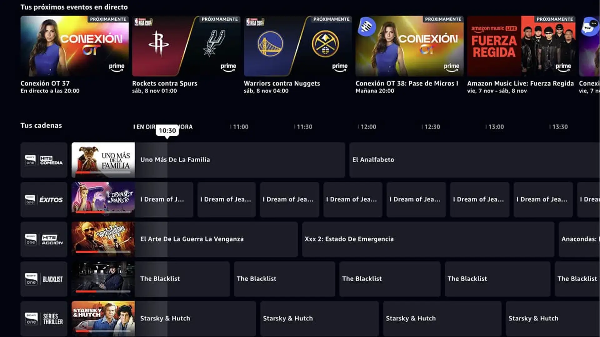 Guía de programación de TV en Amazon Prime Video, mostrando eventos en directo como NBA y series como The Blacklist.