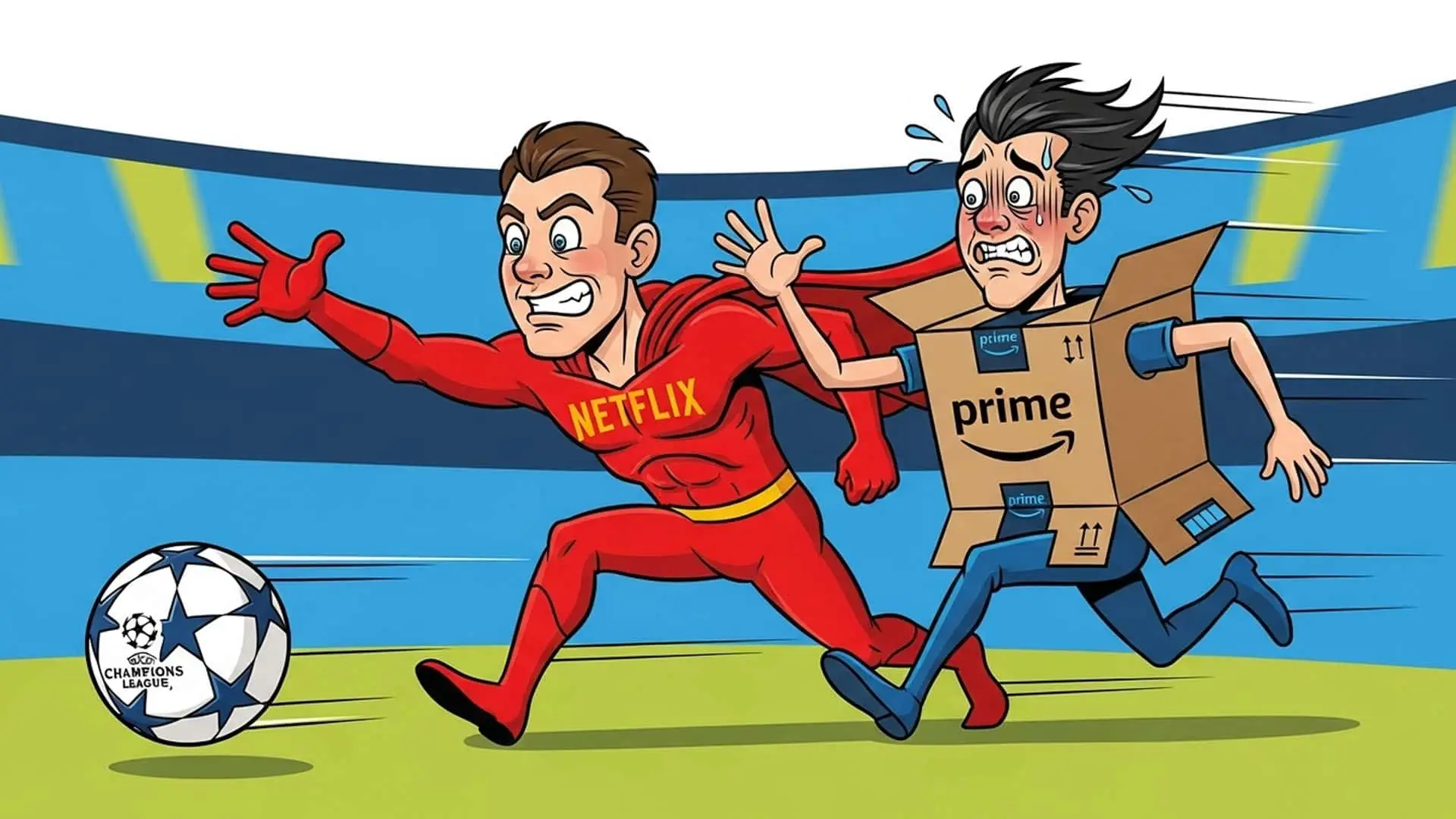 Viñeta de Netflix como un superhéroe y Prime Video como un repartidor compitiendo por un balón de la Champions League.