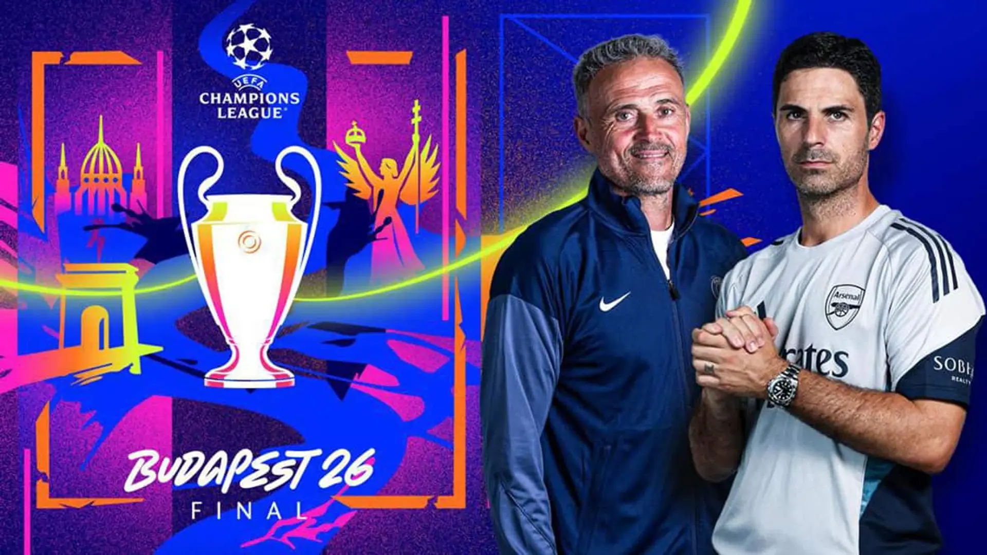 Cartel de la final de la Champions League 2026 en Budapest con el trofeo y los entrenadores Luis Enrique y Mikel Arteta