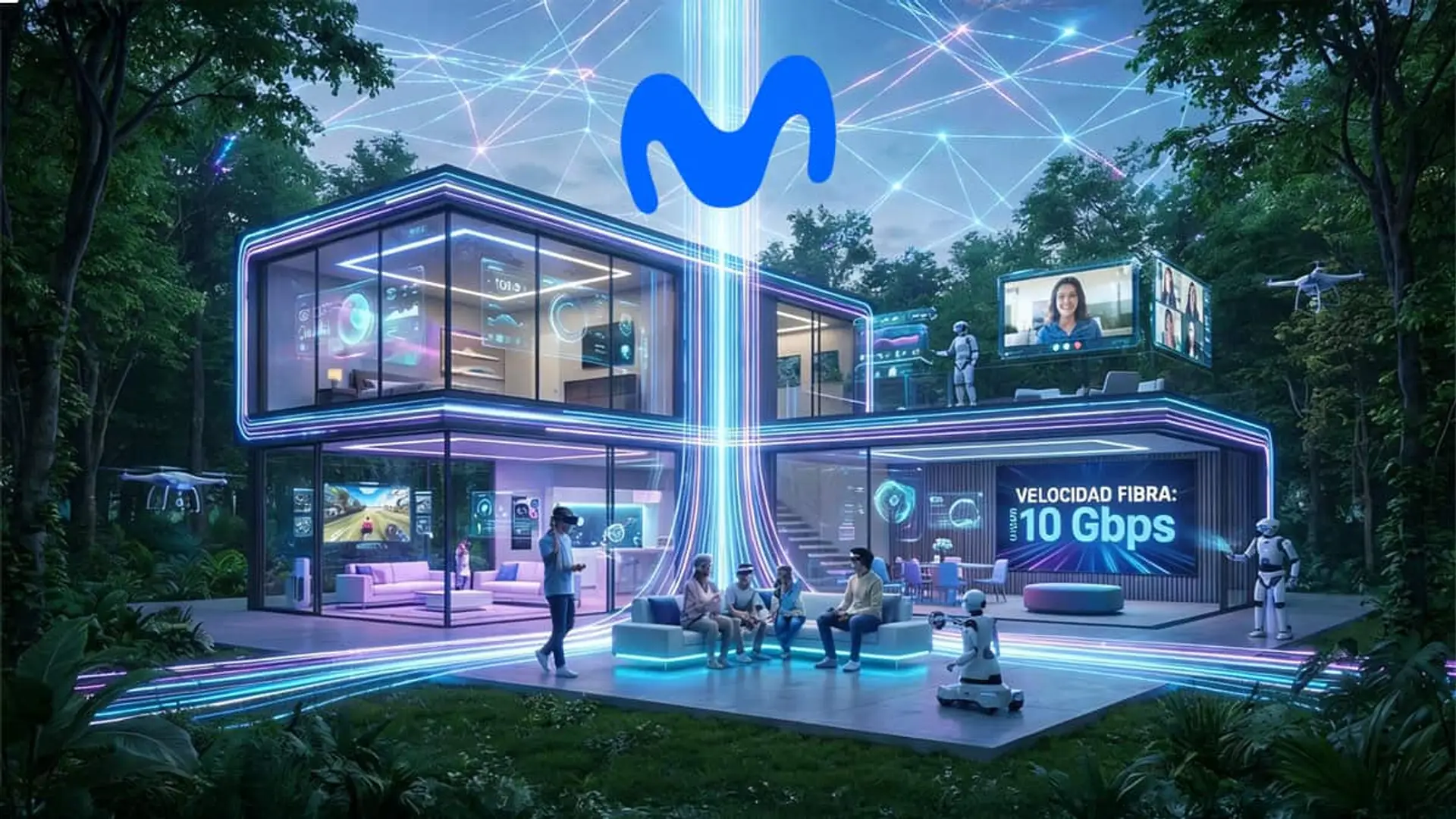 Lo que Movistar no te ha contado de su fibra de 10 Gbps: velocidad real, precio y requisitos técnicos Vivienda inteligente hiperconectada con fibra de 10 Gbps, dispositivos IoT, robots y videollamadas bajo red Movistar.