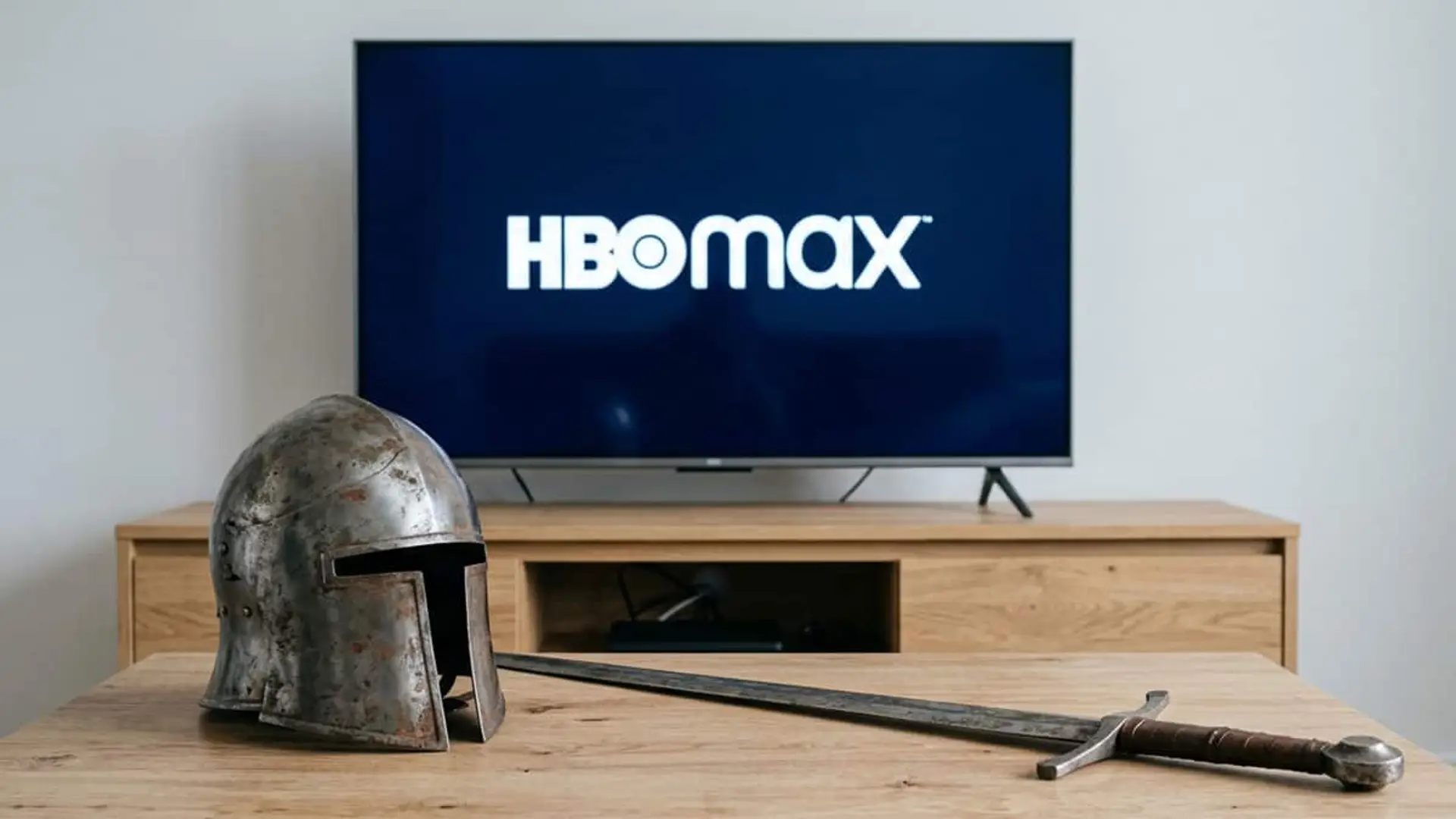 Casco medieval y espada sobre una mesa frente a un televisor con el logotipo de HBO Max