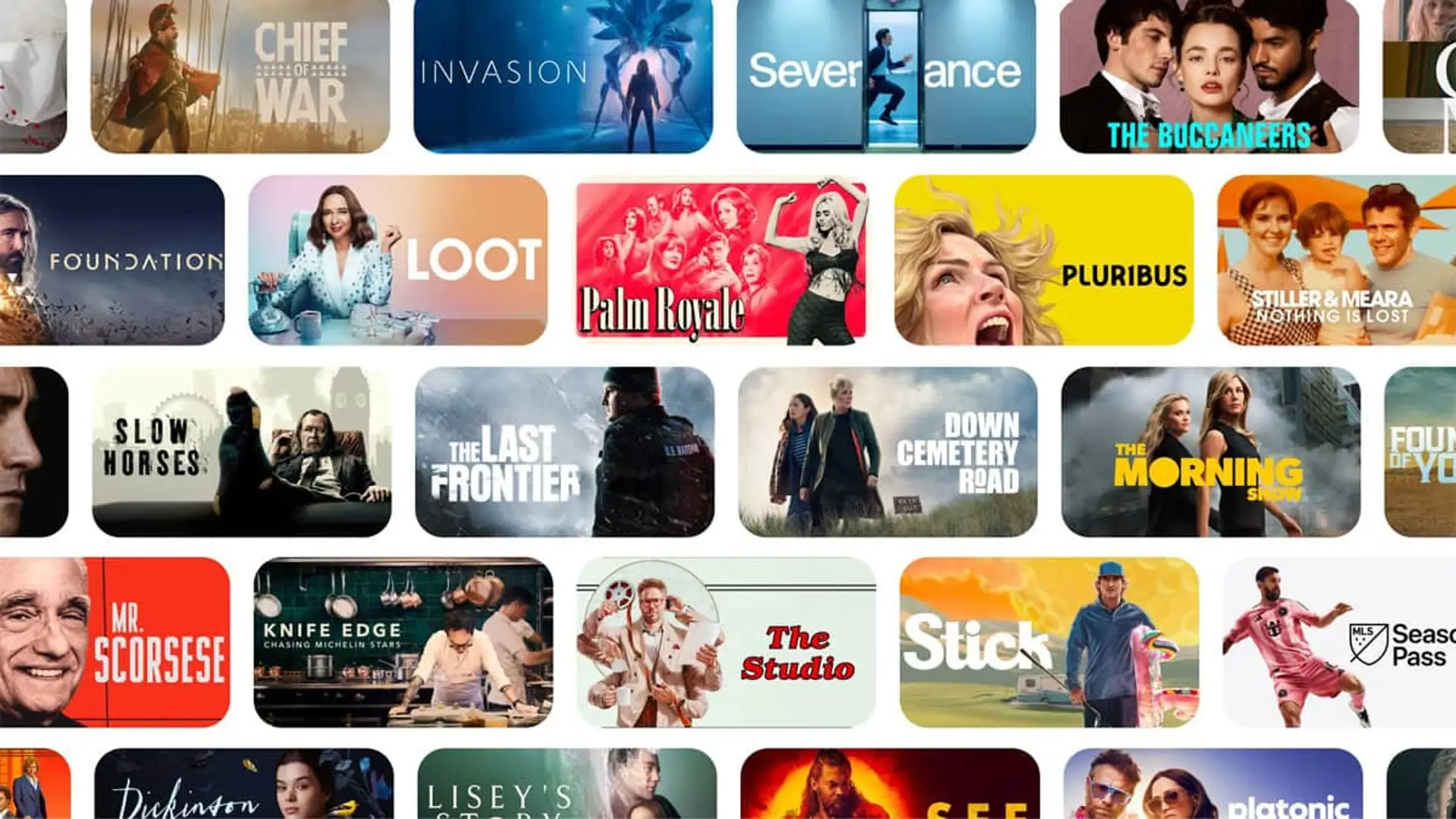 Catálogo de contenidos de Apple TV. Mosaico con las carátulas de series y películas como Severance o Pluribus.