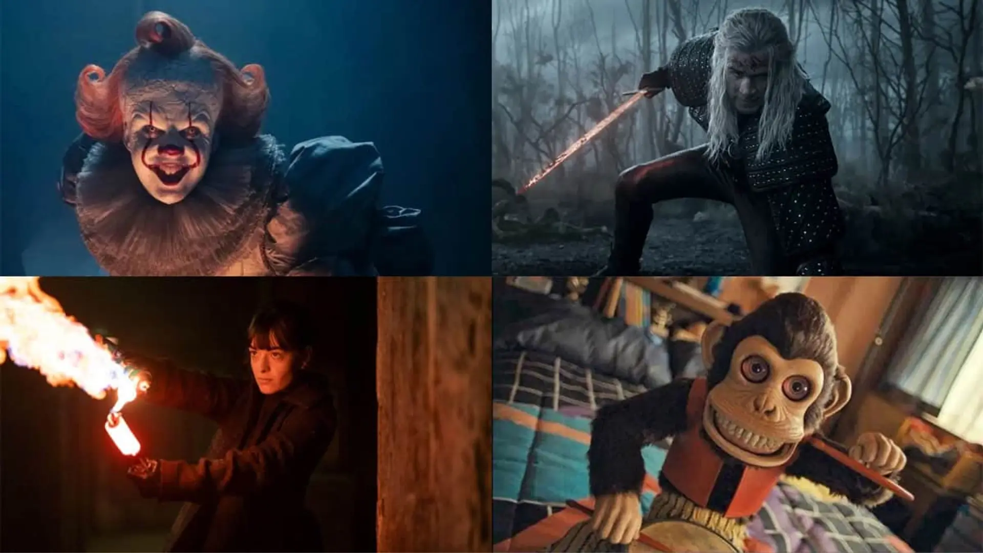 Estrenos del 27 de octubre al 1 de noviembre en Netflix, Disney+, Amazon Prime Video, HBO Max, Movistar+, Filmin, Apple TV+... Collage con los estrenos de streaming It: Bienvenidos a Derry, The Witcher, The Monkey y Talamasca: La Orden Secreta.