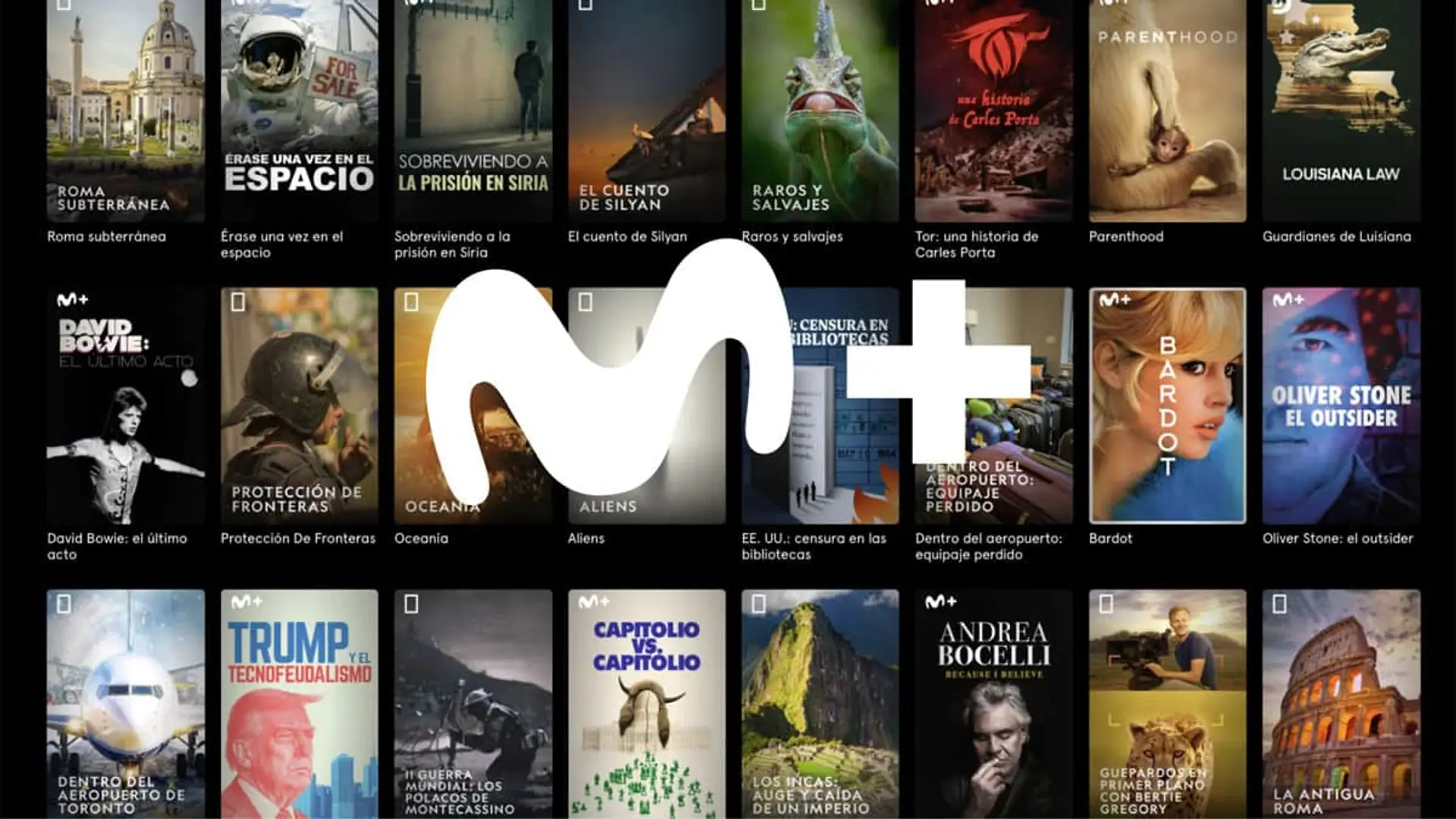 Catálogo de documentales de Movistar Plus+ con títulos como David Bowie, Trump y Roma Subterránea.