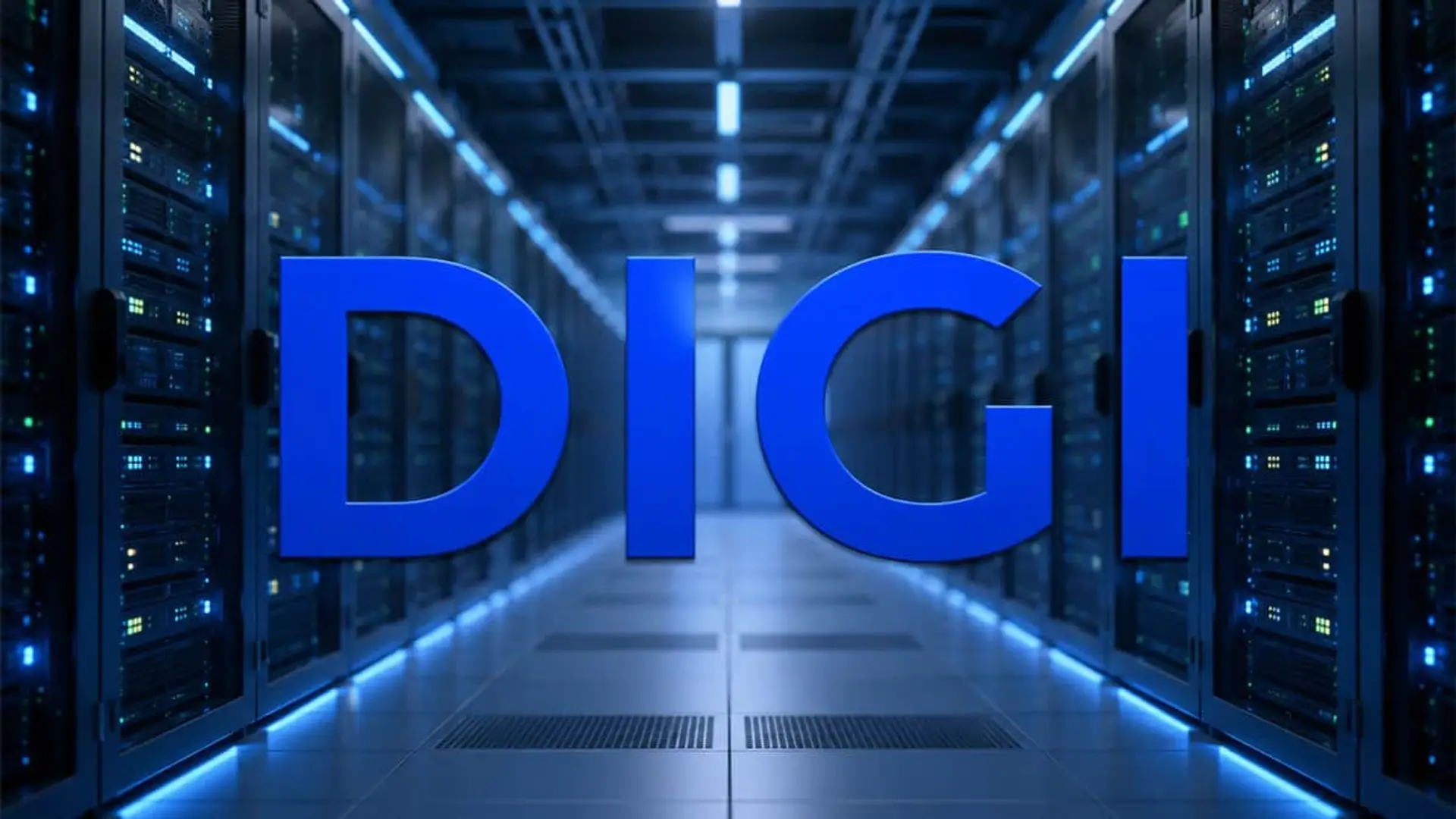 Centro de datos con servidores en racks y texto DIGI en azul, concepto de infraestructura digital y tecnología.
