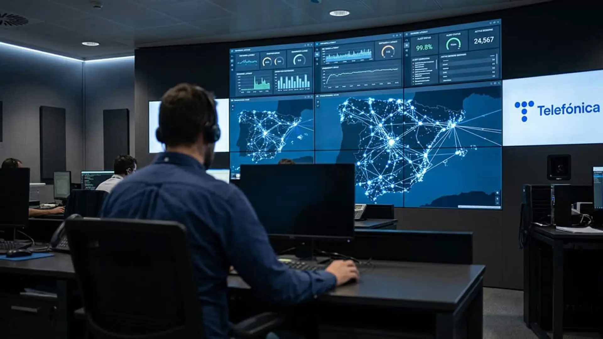 entro de operaciones de Telefónica con técnicos y pantallas que muestran mapas de red y datos de monitorización