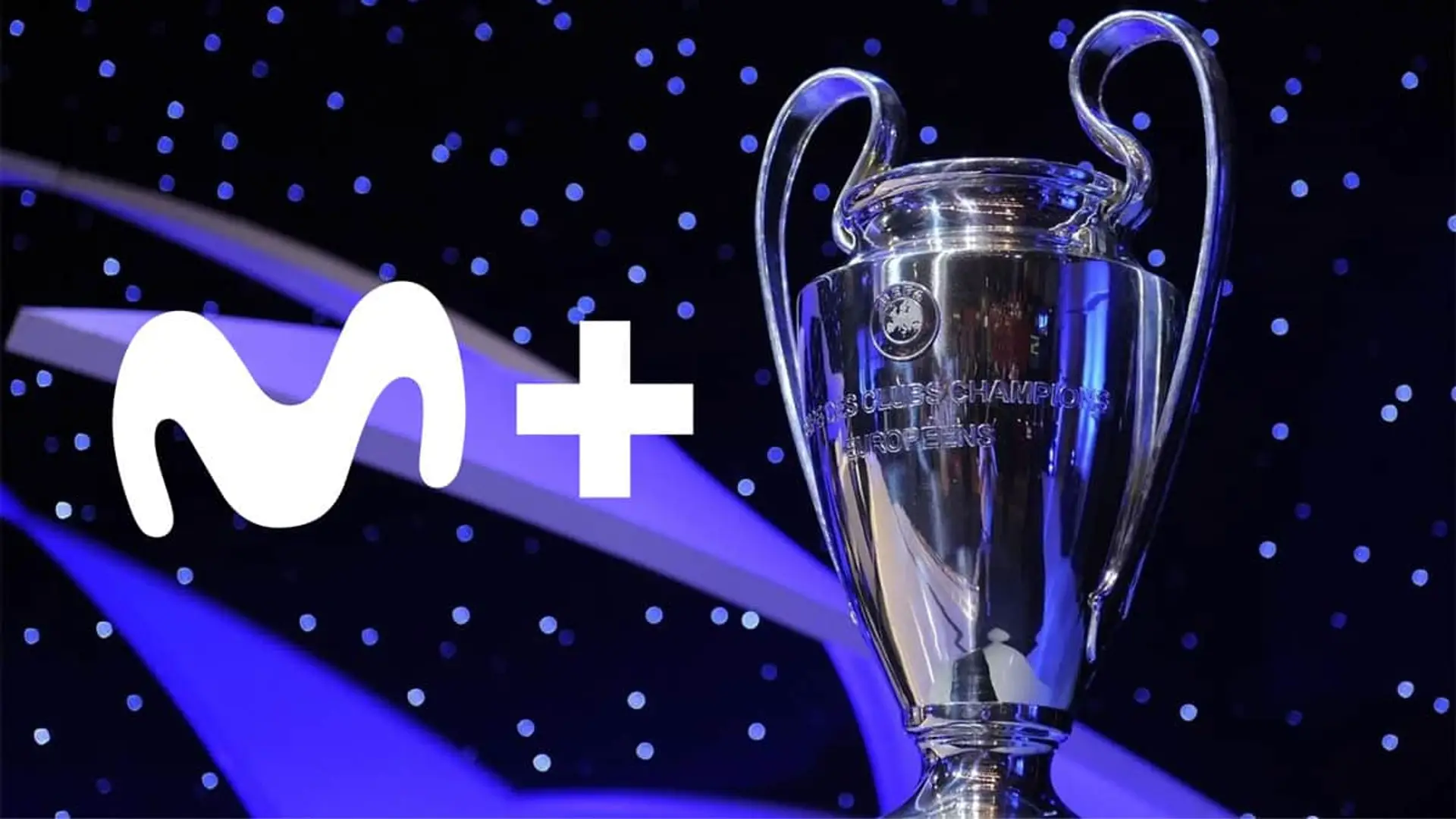 Trofeo de la UEFA Champions League junto al logo de Movistar Plus+.