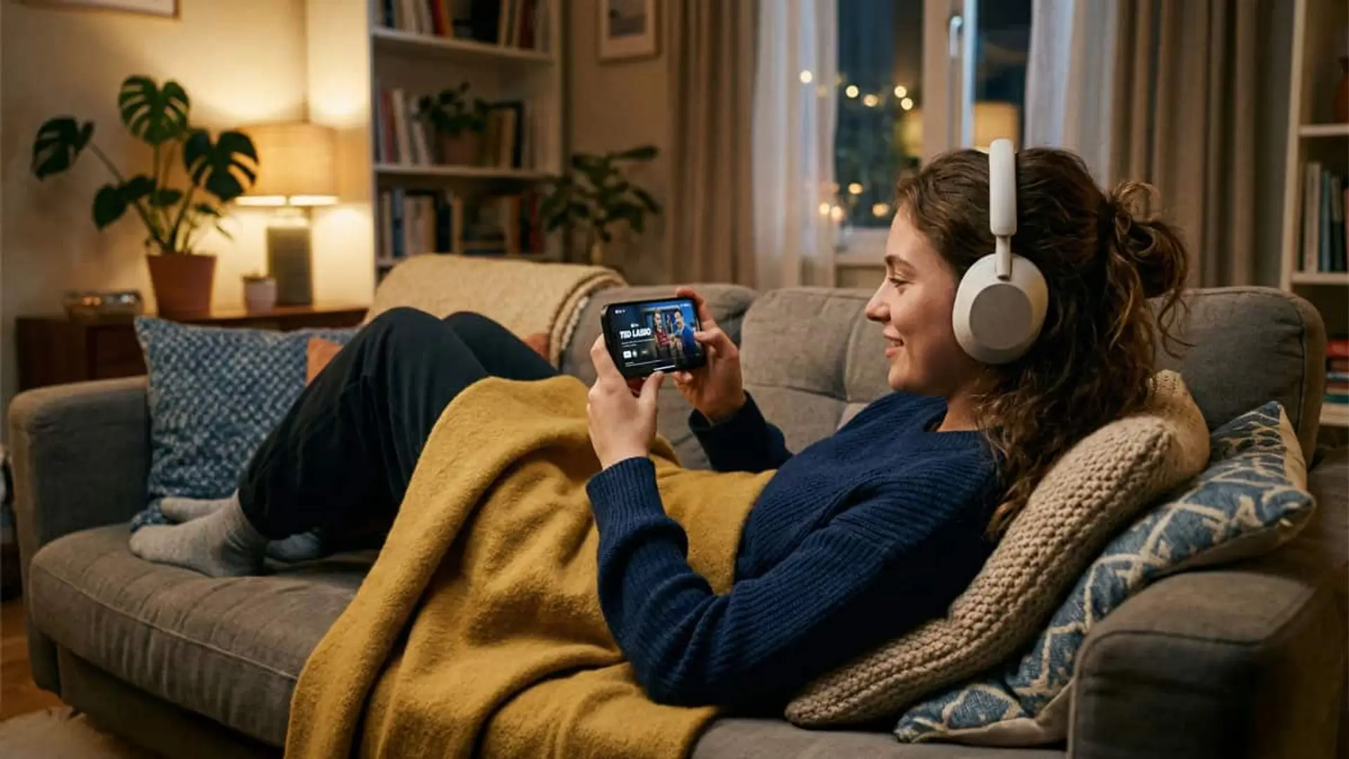 Una chica joven tumbada en el sofá mientras ve Apple TV+ con los auriculares puestos.