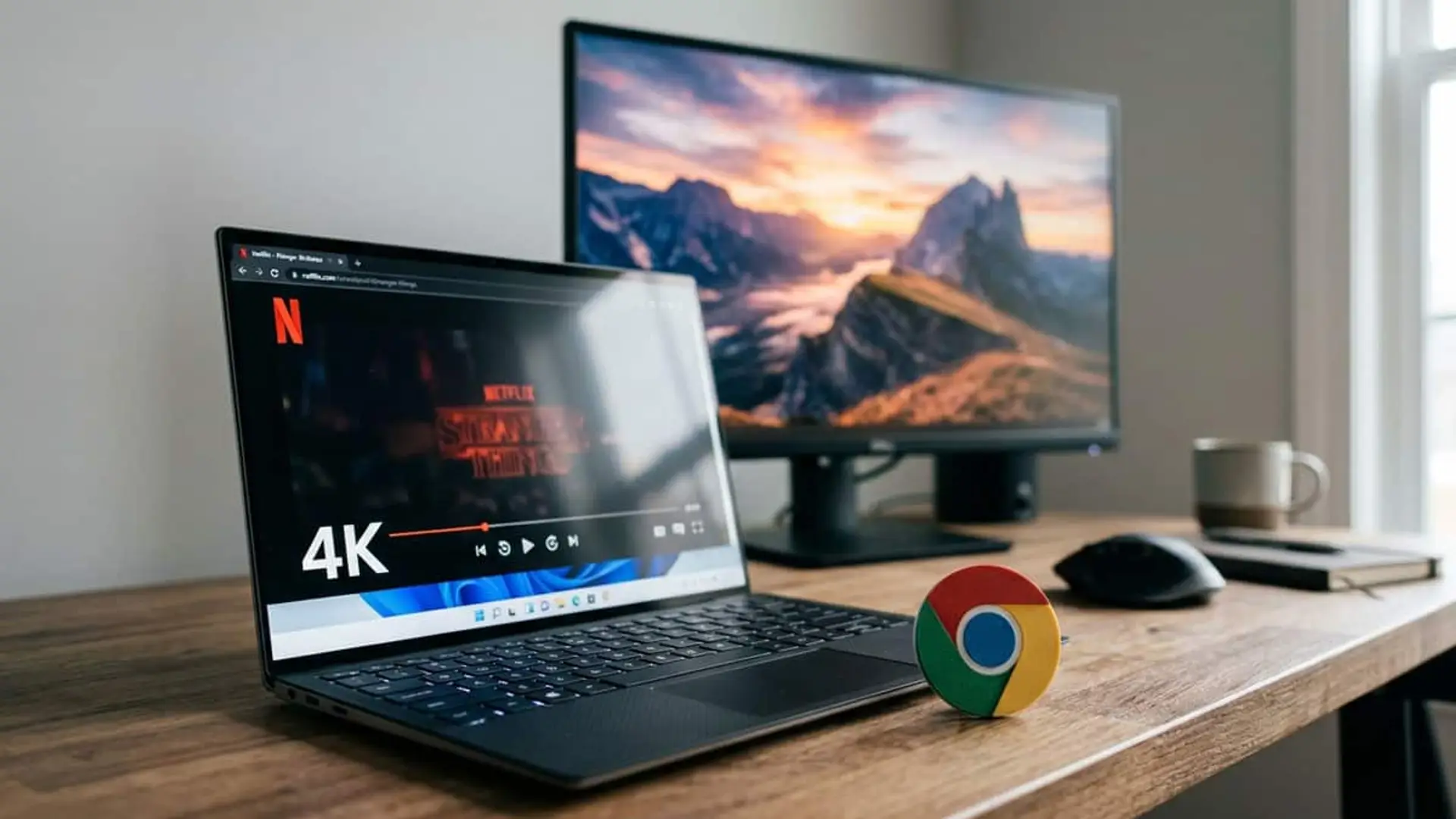 Portátil con Netflix reproduciendo contenido en 4K junto al logotipo de Google Chrome y un monitor externo