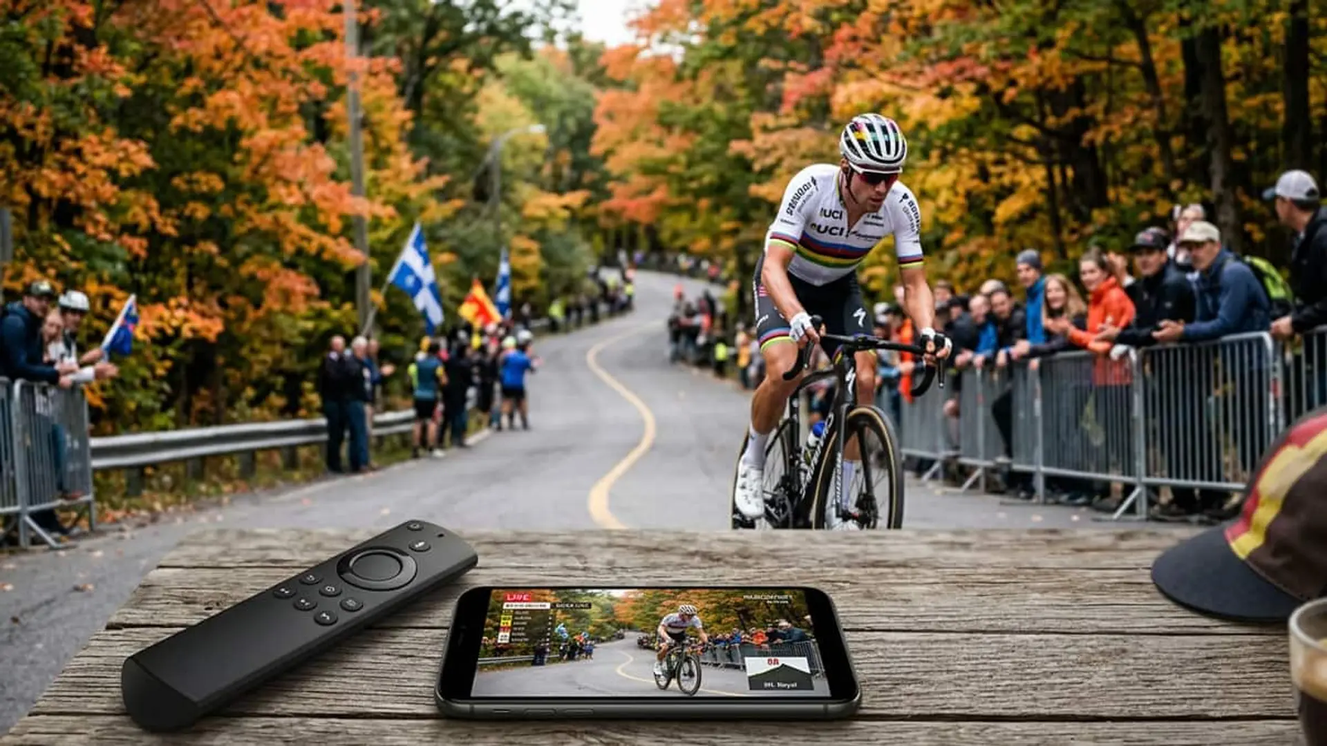Dónde ver el Mundial de ciclismo de Montreal en España: horarios de cada prueba Ciclista compitiendo en una carretera rodeada de público mientras un móvil muestra la retransmisión de la carrera