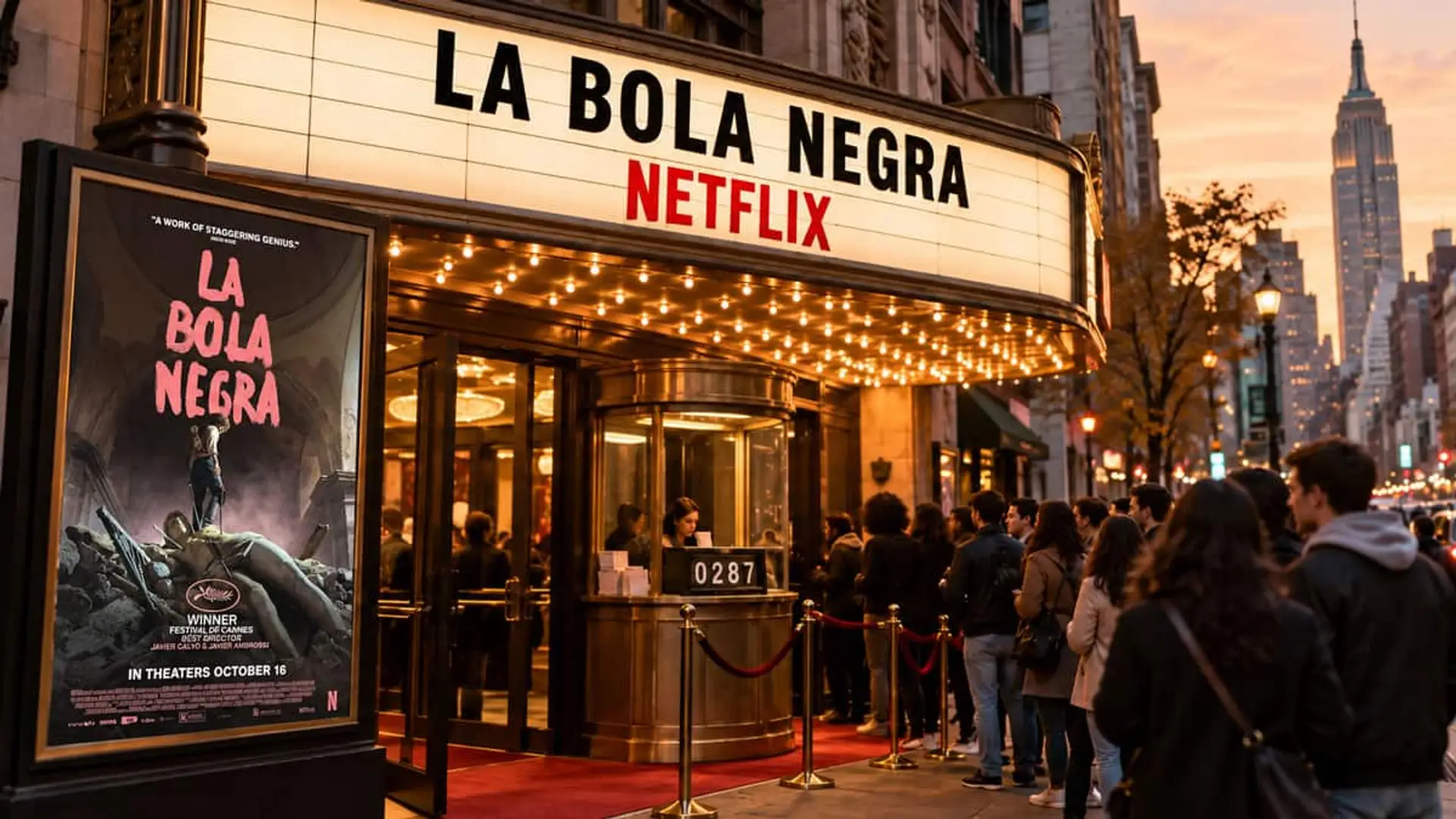 La bola negra debuta en EE. UU. con 277.500 dólares antes de llegar a Netflix: mejor promedio por sala de una española Fachada de cine con marquesina de La bola negra y Netflix, cartel de la película y espectadores haciendo cola para entrar.