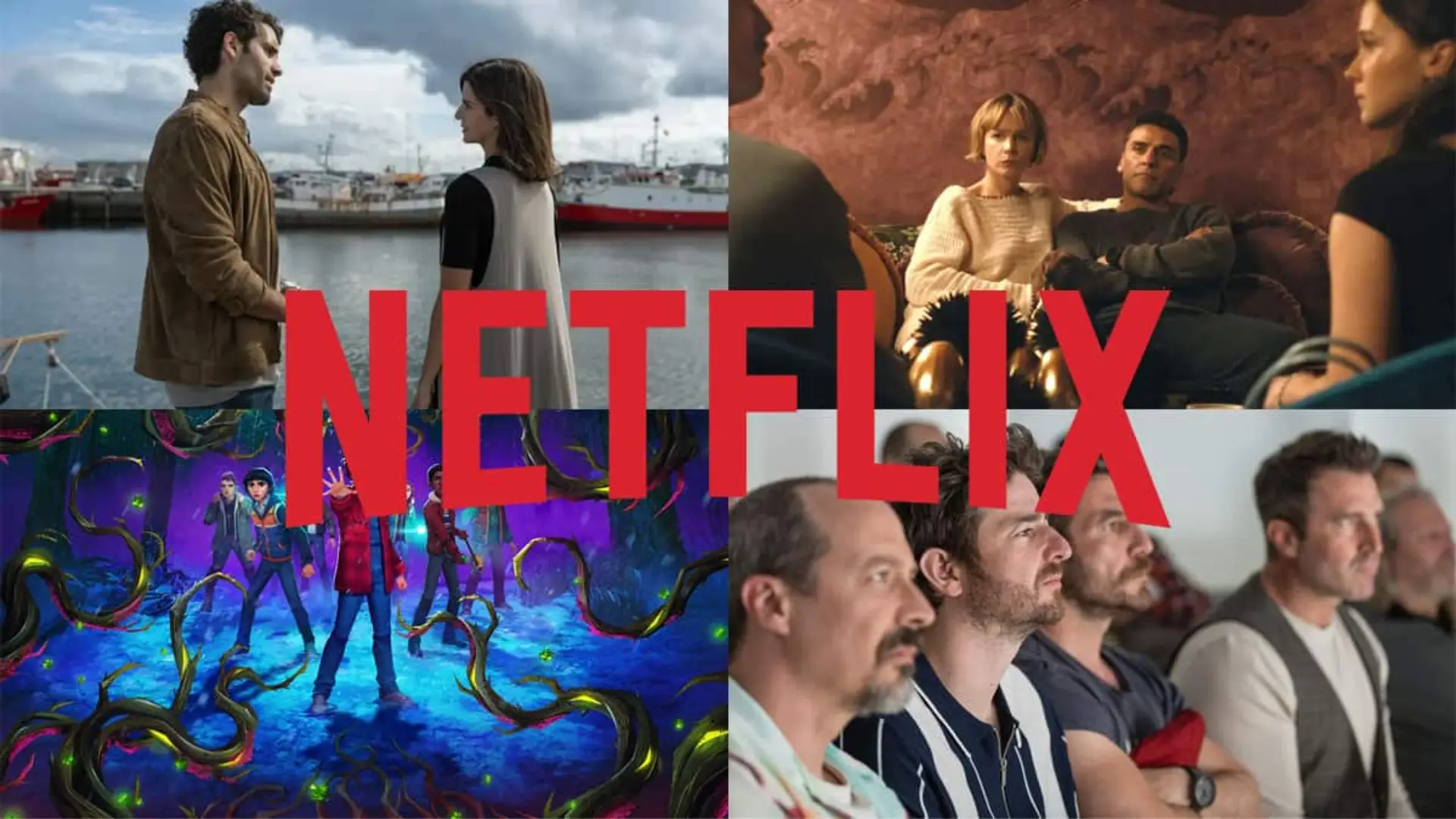 Escenas de Clanes, Bronca II, Stranger Things: Relatos del 85 y Machos Alfa, con el logo de Nettflix en el centro de la imagen