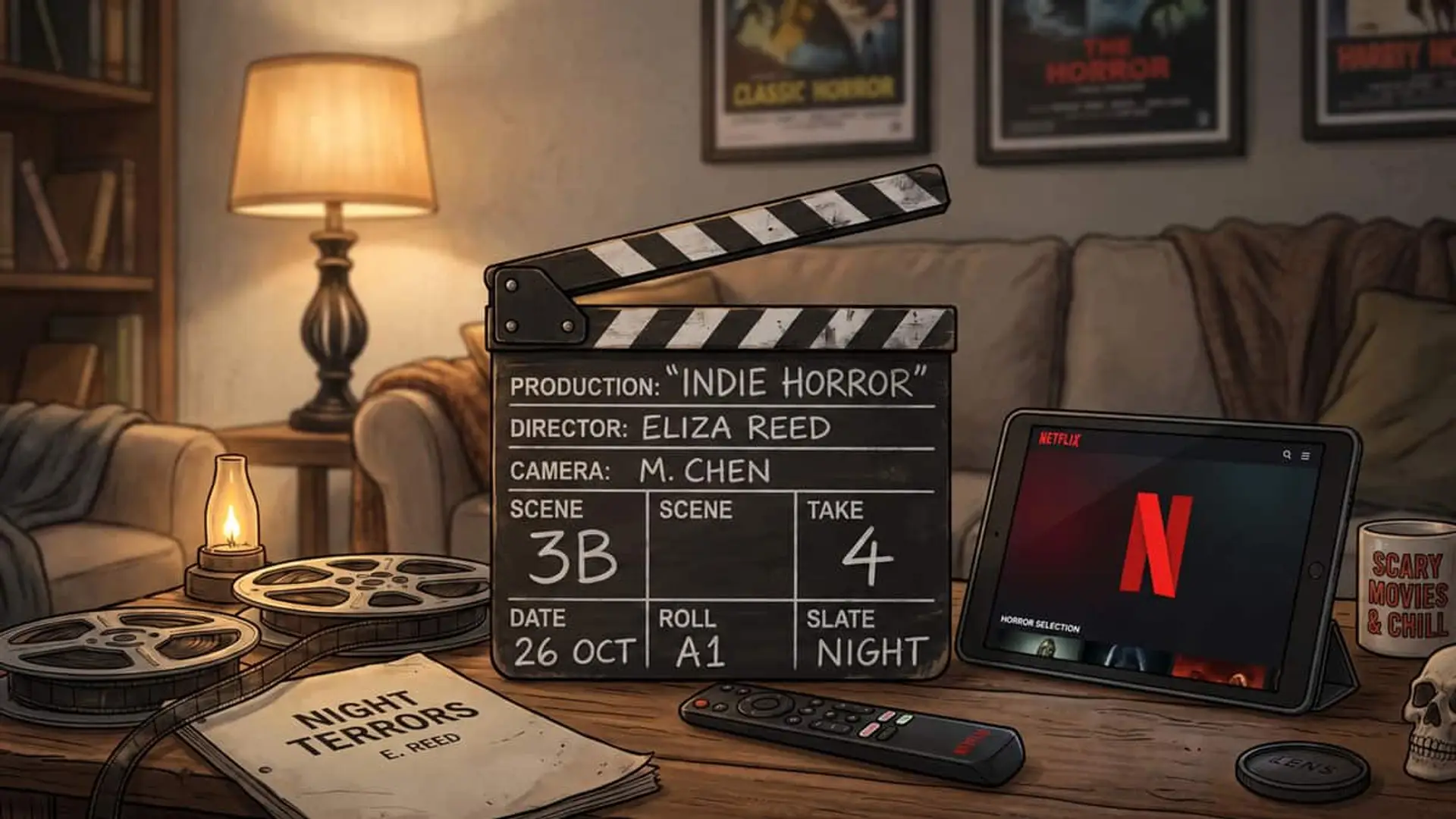 Claqueta de cine de terror junto a rollos de película y una tablet con Netflix