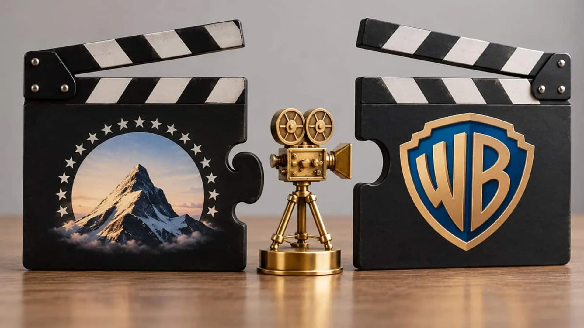 Skydance nace con unos 79.000 millones de dólares de deuda neta y ahorros anuales de 6.000 millones Dos claquetas de cine con los logotipos de Paramount y Warner Bros encajadas como piezas de puzzle junto a una cámara de cine dorada
