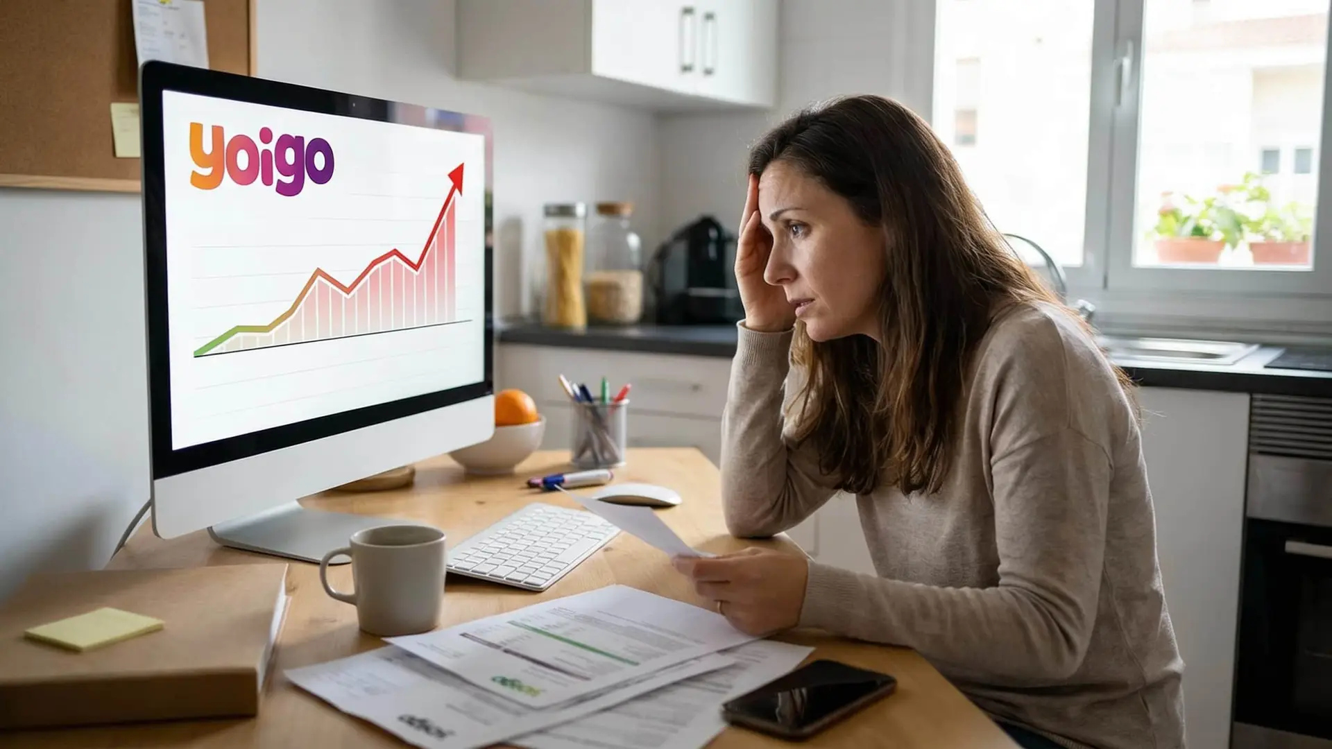 Mujer preocupada mirando gráfico de subida de precios de Yoigo en el ordenador de casa.