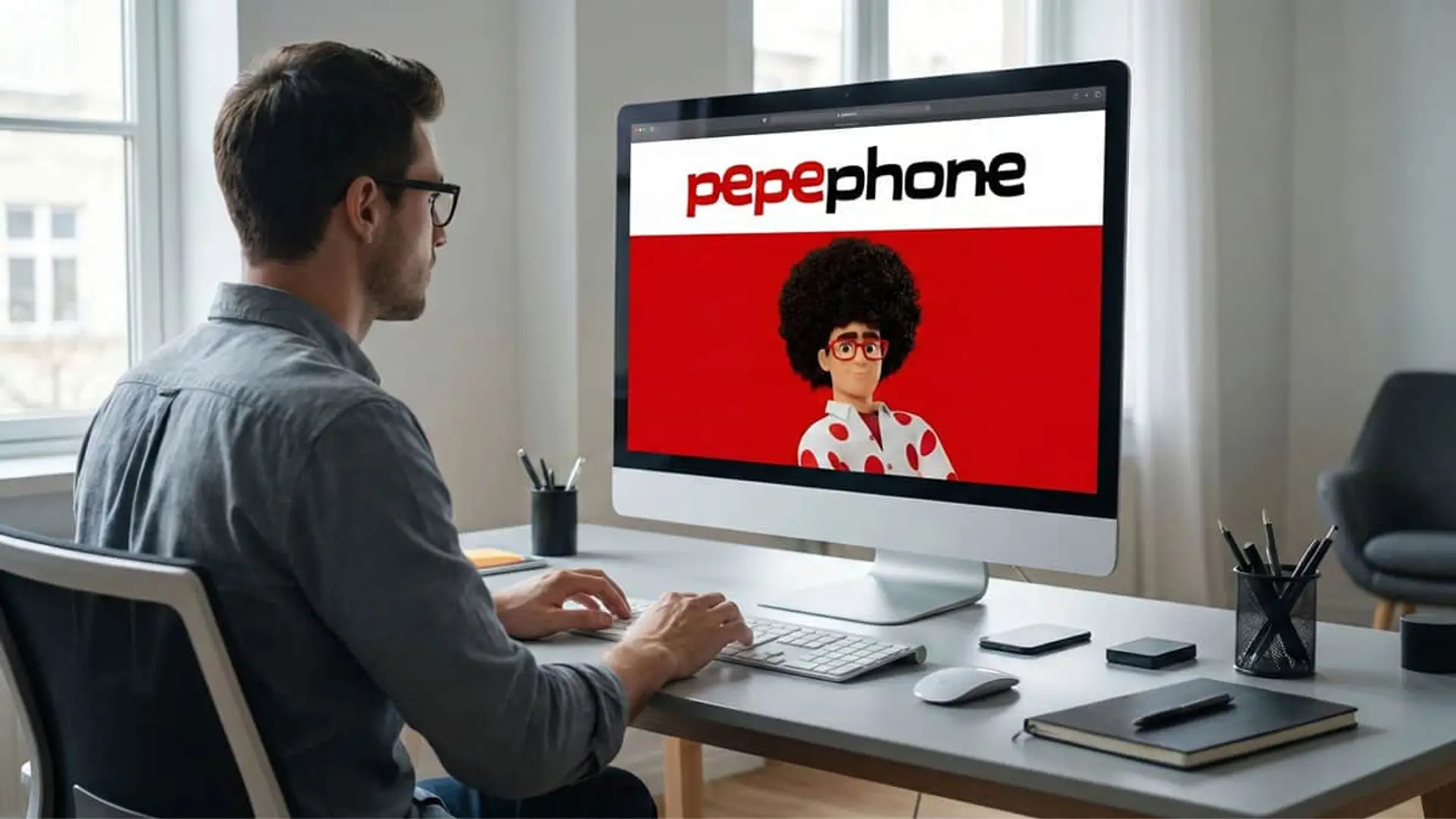 Hombre teletrabajando en ordenador con el logo de Pepephone en su monitor.
