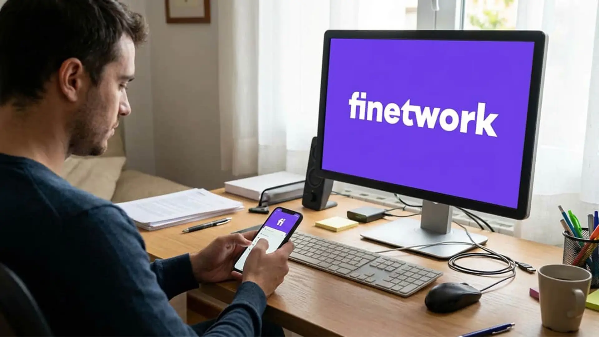Finetwork ataca el low cost de DIGI y Lowi con dos nuevas tarifas de fibra y 2 móviles desde 25 euros Hombre teletrabajando con la fibra y móvil de Finetwork. Logo de la operadora en el monitor de su escritorio.