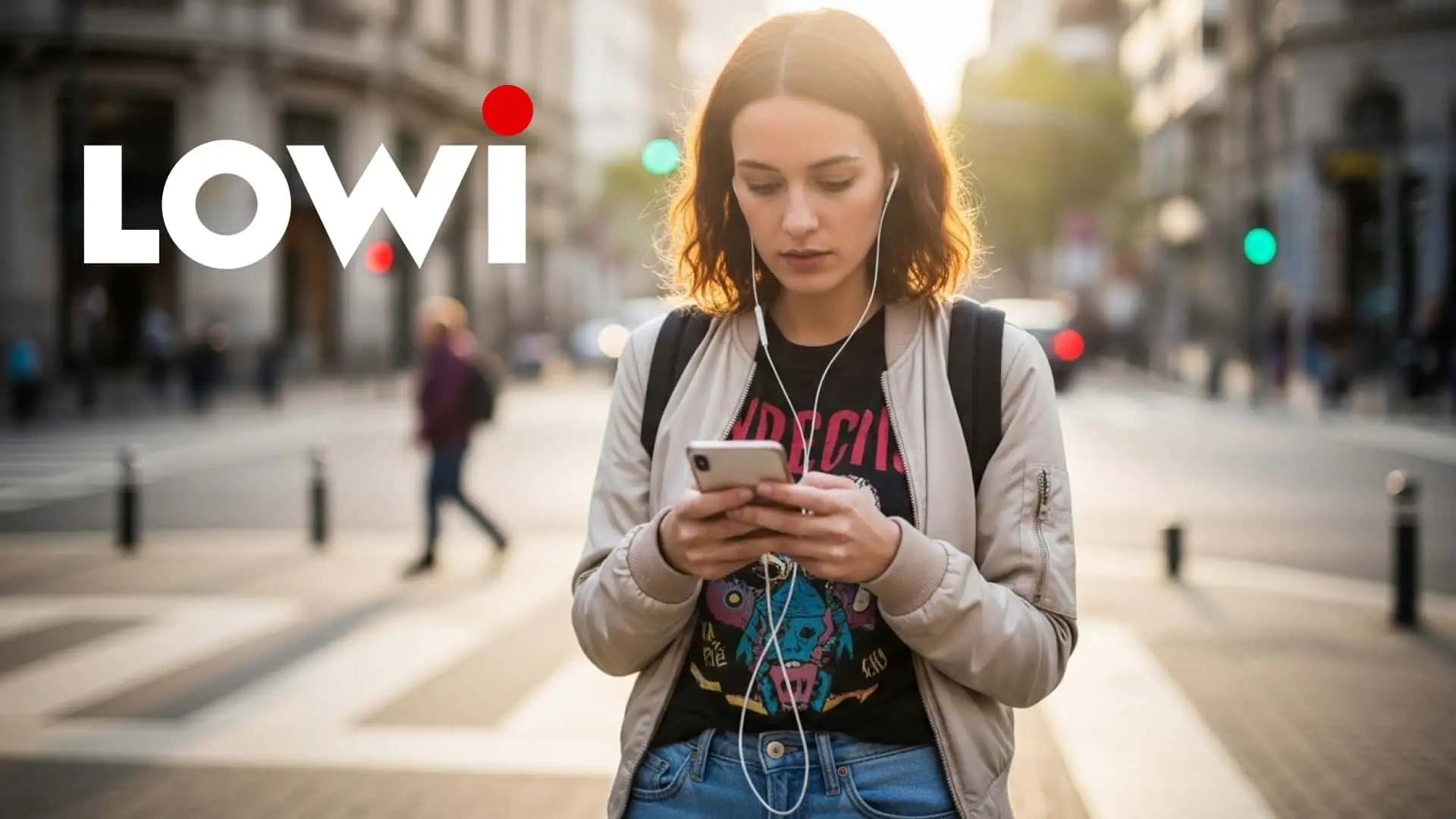 Mujer joven usando su móvil en la calle, cliente de la operadora de telefonía móvil Lowi.