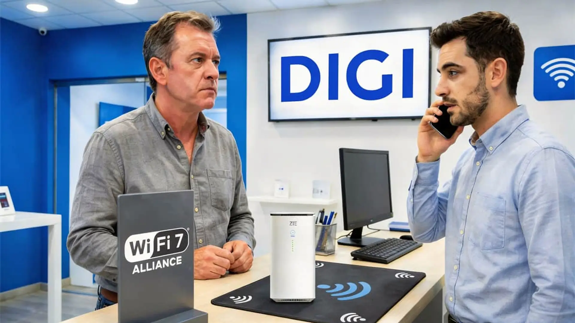 Cliente en tienda DIGI consultando por el nuevo router ZTE con tecnología Wi-Fi 7 en el mostrador de atención.