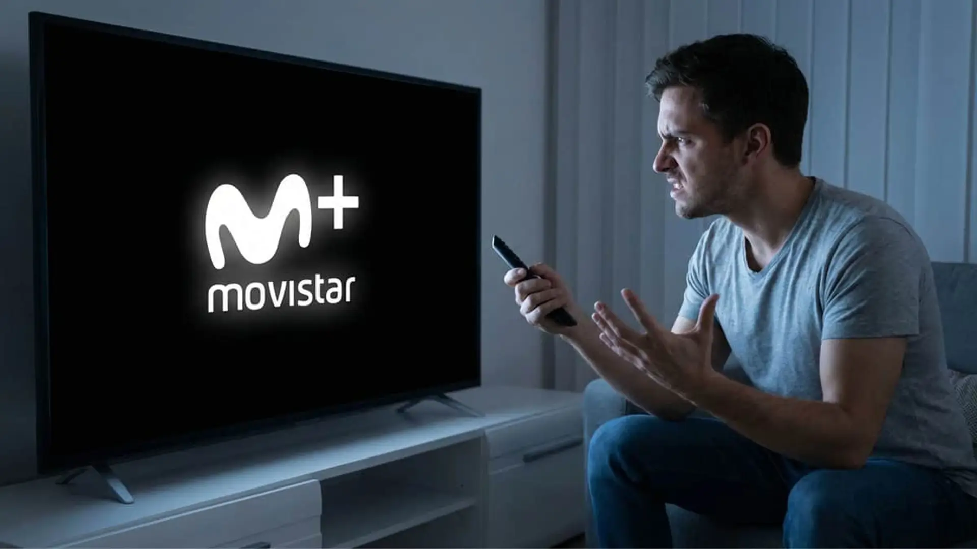 Los paquetes de TV de Movistar Plus+ suben de precio en 2026: así quedan deporte y streaming en las tarifas miMovistar Hombre enfadado con el mando de la TV frente al logo de Movistar Plus+. Cliente frustrado con el servicio.