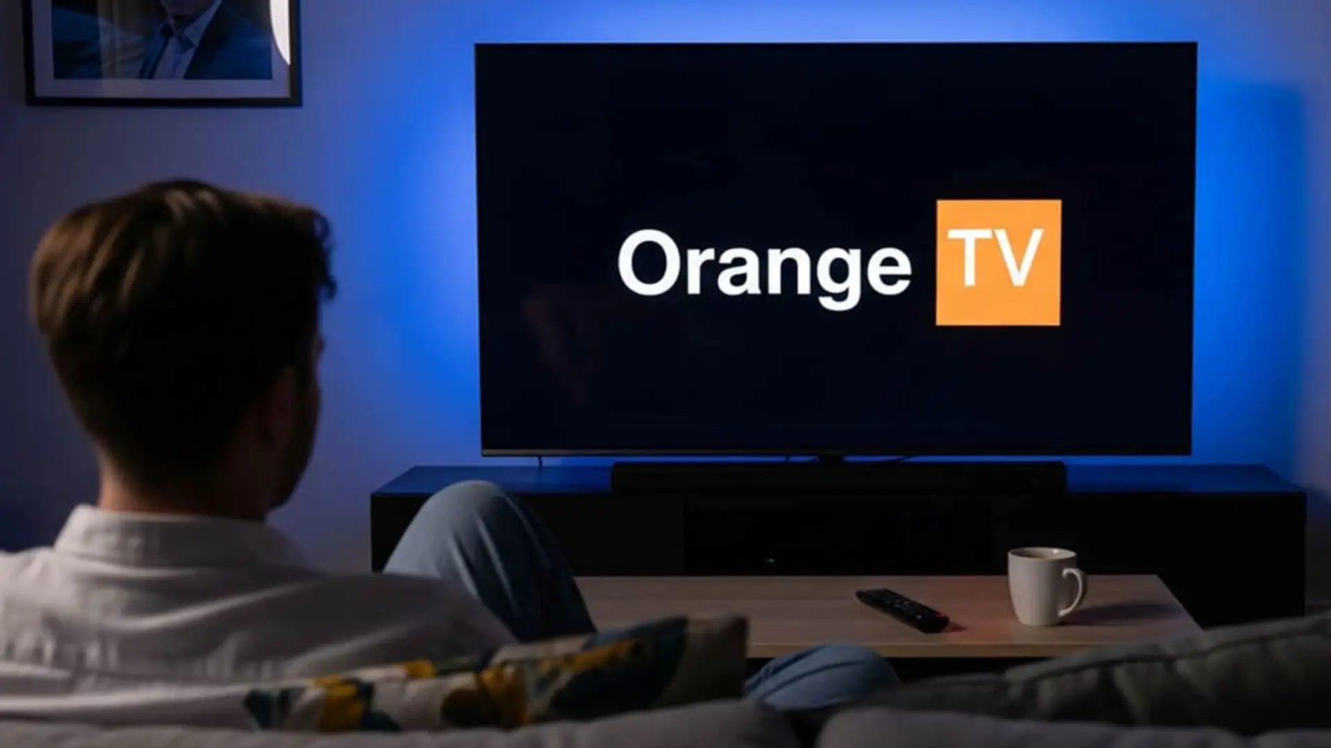 Hombre viendo el logotipo de Orange TV en su Smart TV. Disfruta de los mejores canales, series y películas desde el sofá.