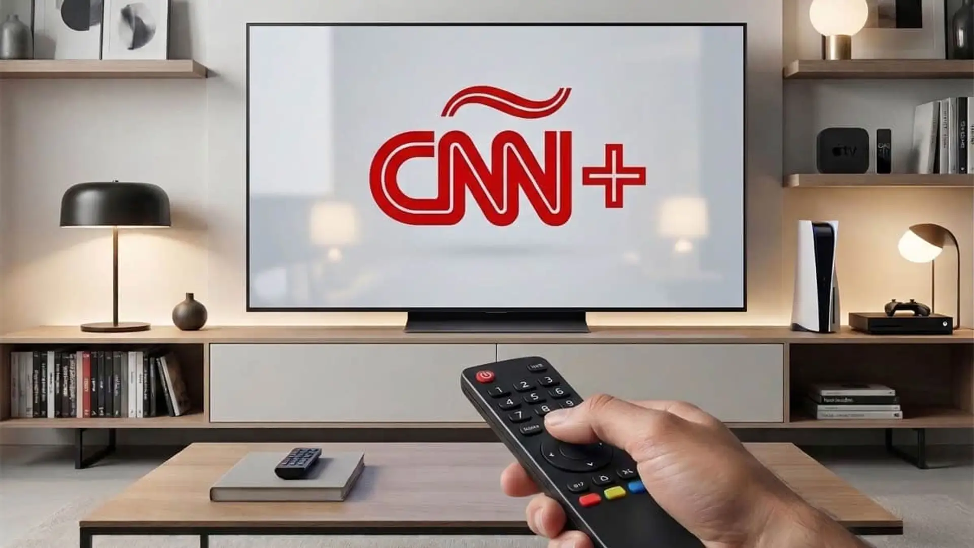 Mano con mando frente a Smart TV con el logo de CNN+ para ver noticias en streaming desde el salón.