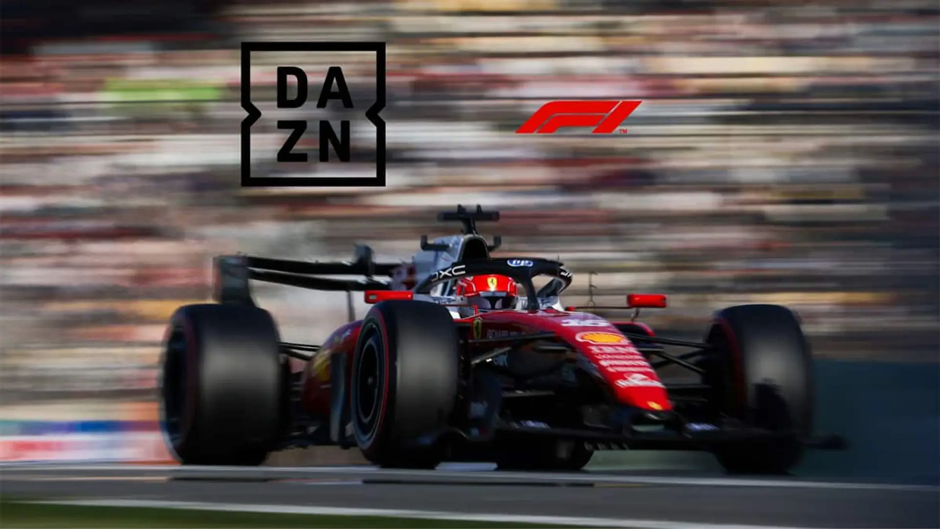 DAZN regala LaLiga y NBA en abril a sus abonados de Motor: así compensa el parón de F1 y MotoGP en el Golfo Monoplaza Ferrari de Fórmula 1 en plena carrera con logotipos de DAZN y F1 sobreimpresionados.