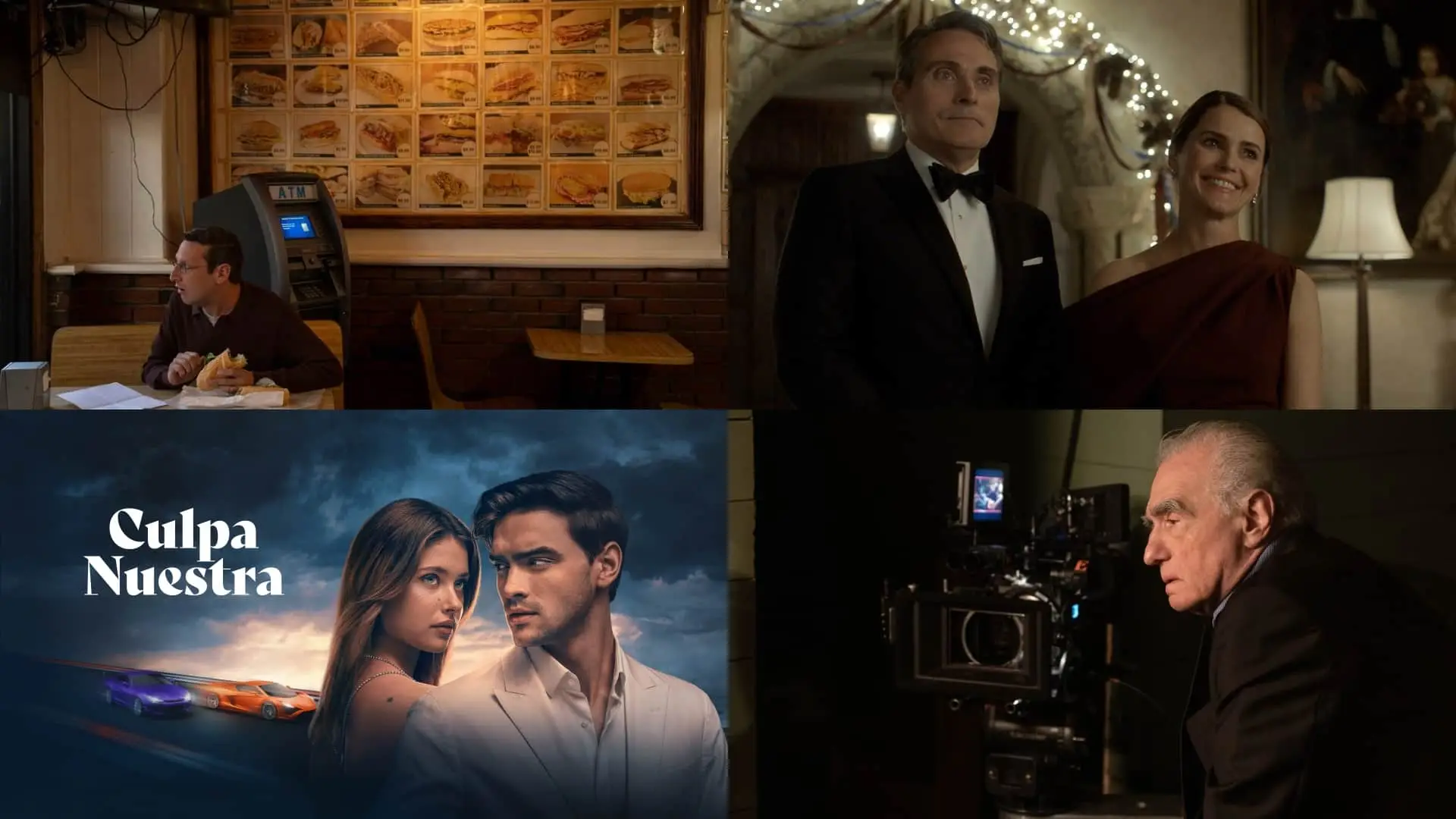 Collage de los próximos estrenos de cine y series del streaming, como Culpa Nuestra o lo nuevo de Martin Scorsese.