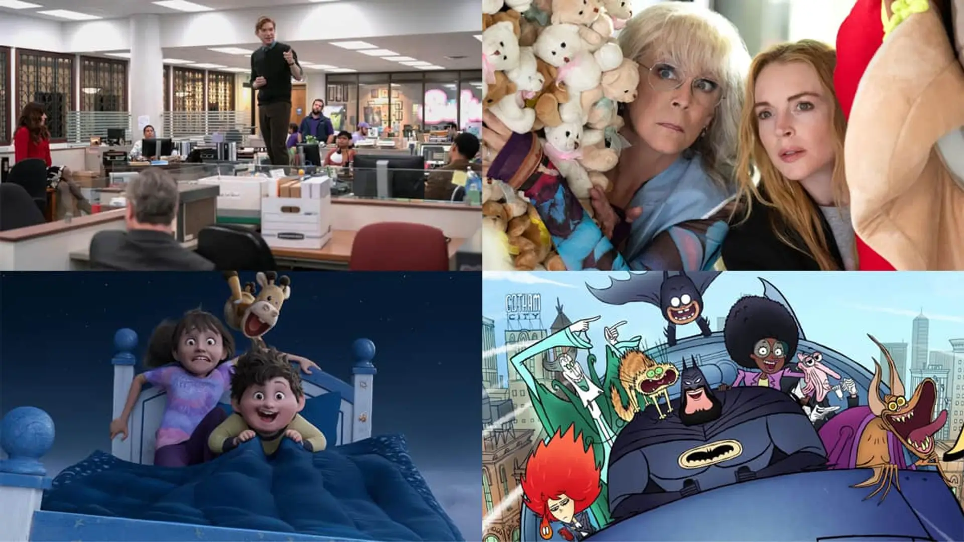 Collage con los estrenos de streaming The Paper (SkyShowtime), Bat-Fam (Prime Video), En sueños (Netflix) y Ponte en mi lugar de nuevo (Disney+).