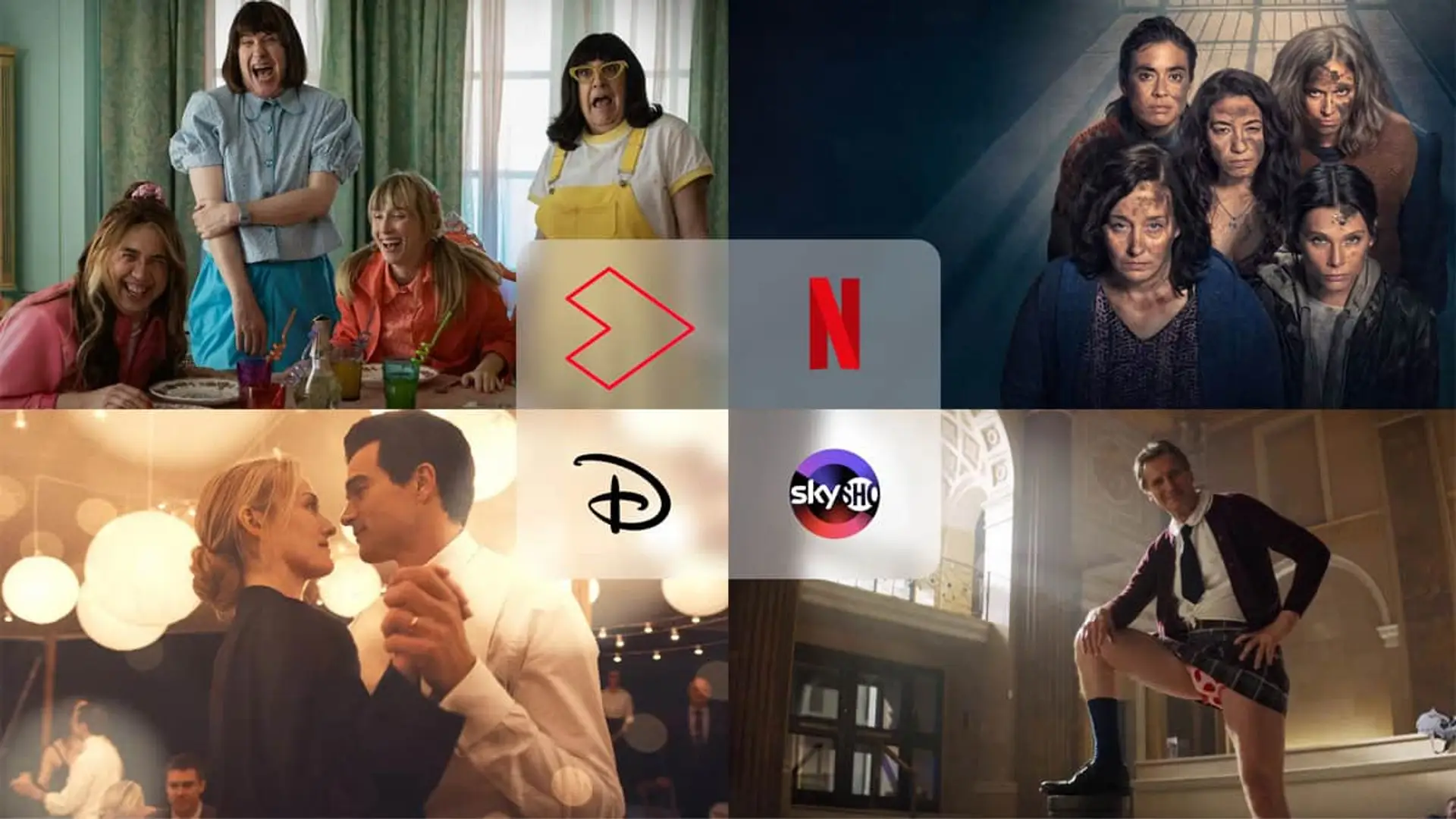 Collage con estrenos Love Story (Disney+), Agárralo como puedas (SkyShowtime), Rafaela y su loco mundo (Atresplayer) y En el barro (Netflix).