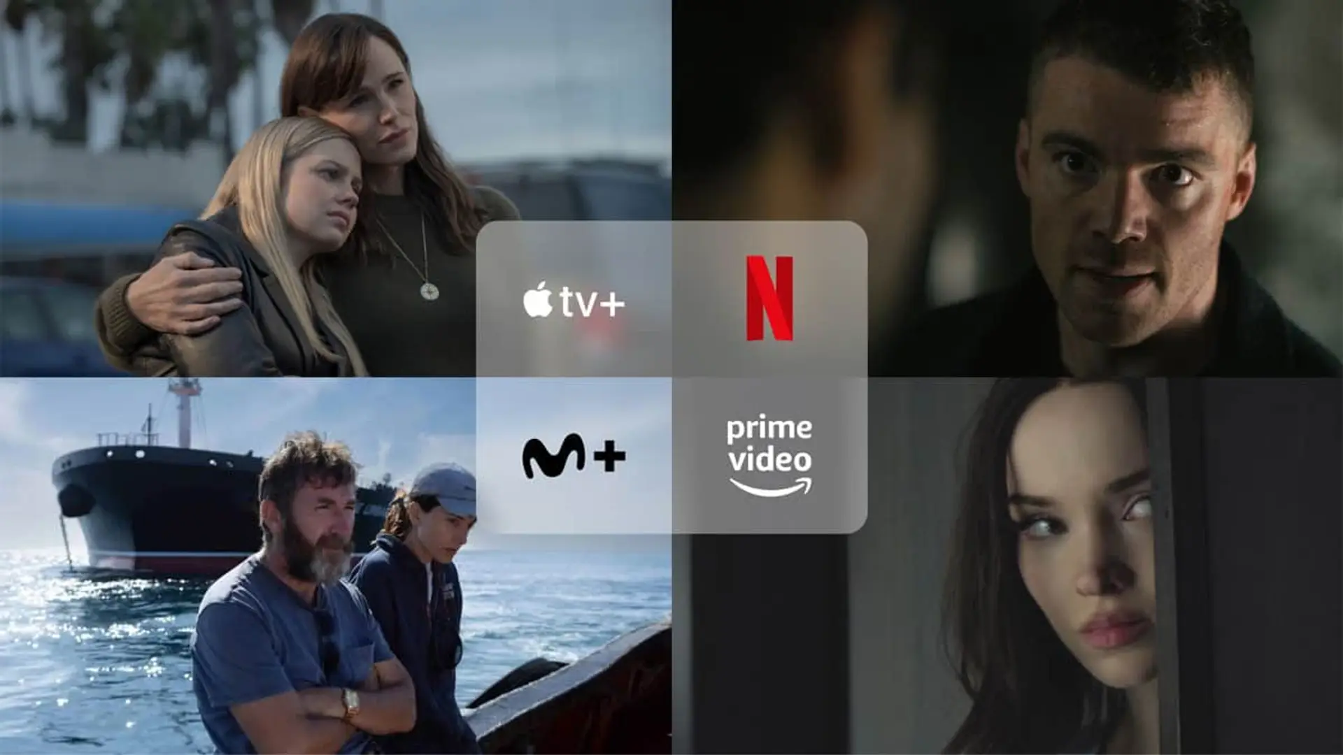 Collage con los estrenos El agente nocturno (Netflix), Los Tigres (Movistar Plus+), 56 días (Amazon Prime Video) y Lo último que me dijo (Apple TV).