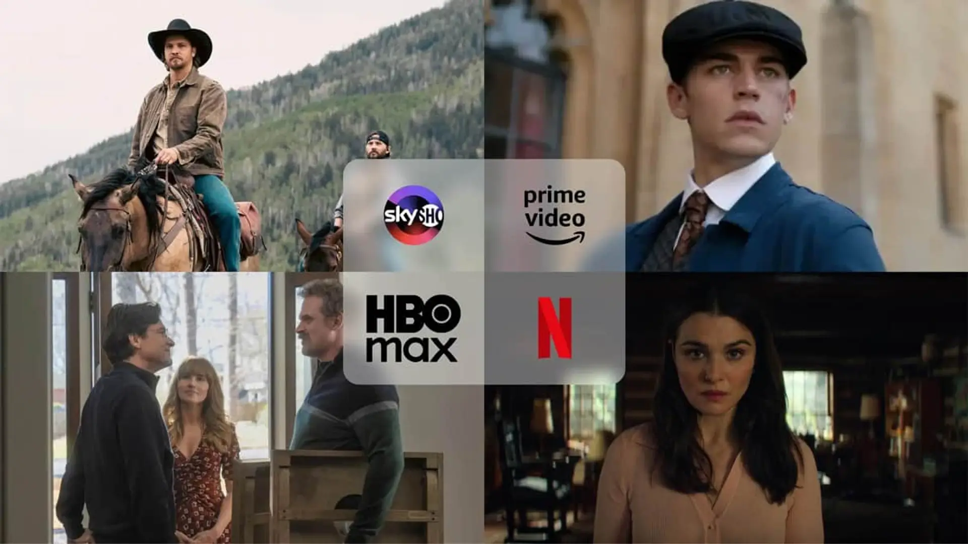 Collage con los estrenos Vladimir (Netflix), El joven Sherlock (Prime Video), Marshals (SkyShowtime) y DTF St. Louis (HBO Max).