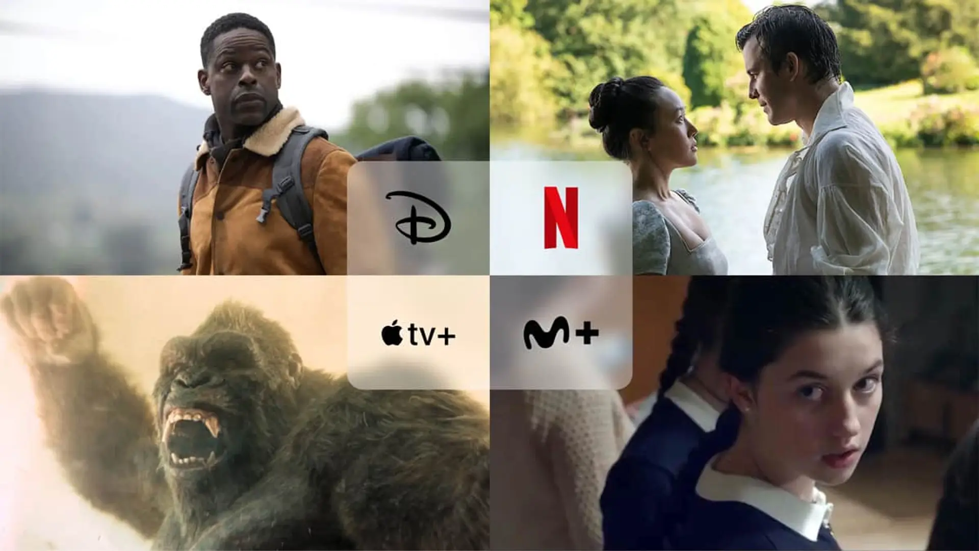 Collage con los estrenos Los Bridgerton (Netflix), Paradise (Disney+), Monarch (Apple TV) y Los domingos (Movistar Plus+).