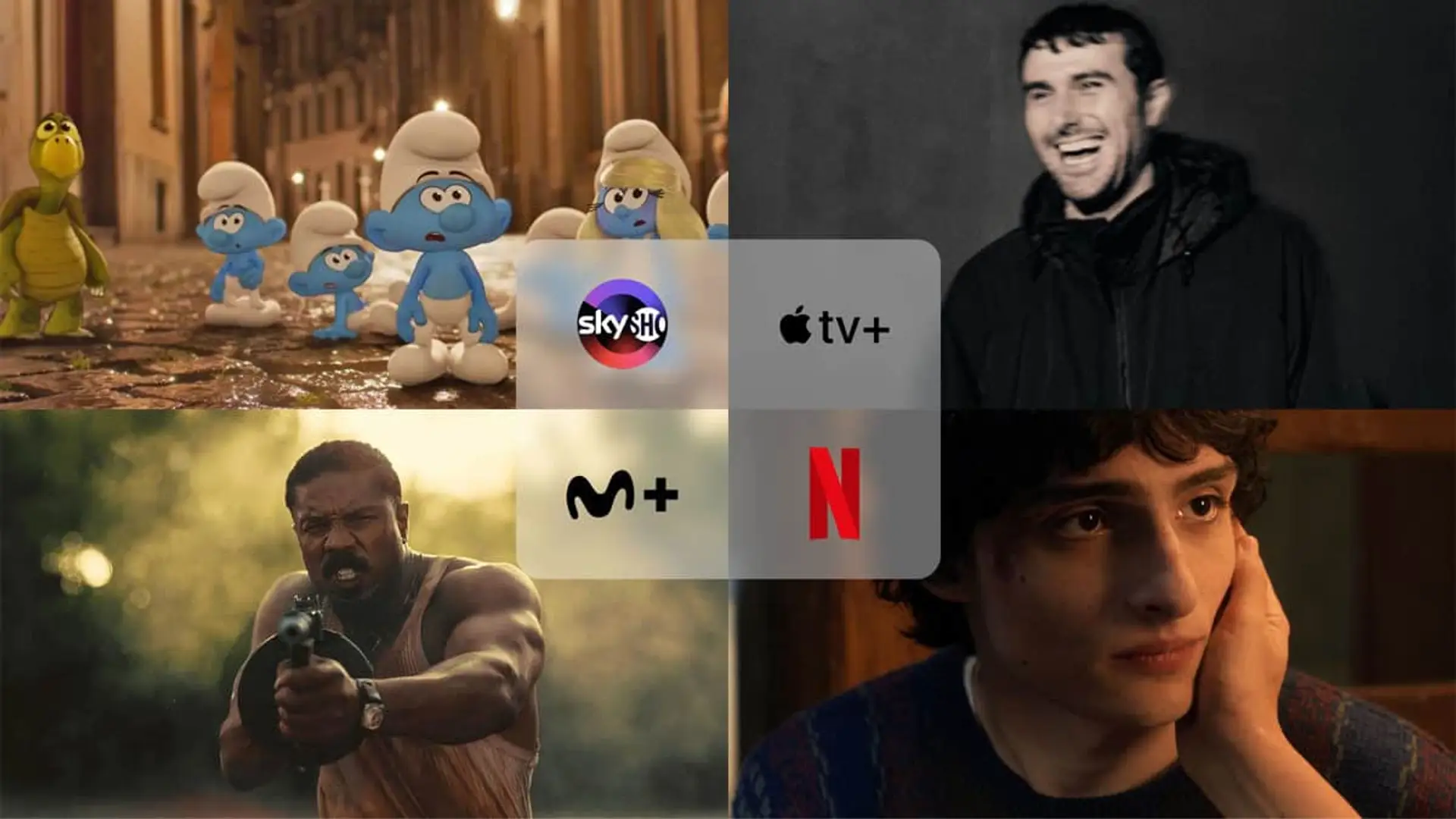 Collage con los estrenos de streaming Stranger Things 5 (Netflix), Los pecadores (Movistar), Pitufos (SkyShowtime) y Apple Music Live: Frad again (Apple TV).