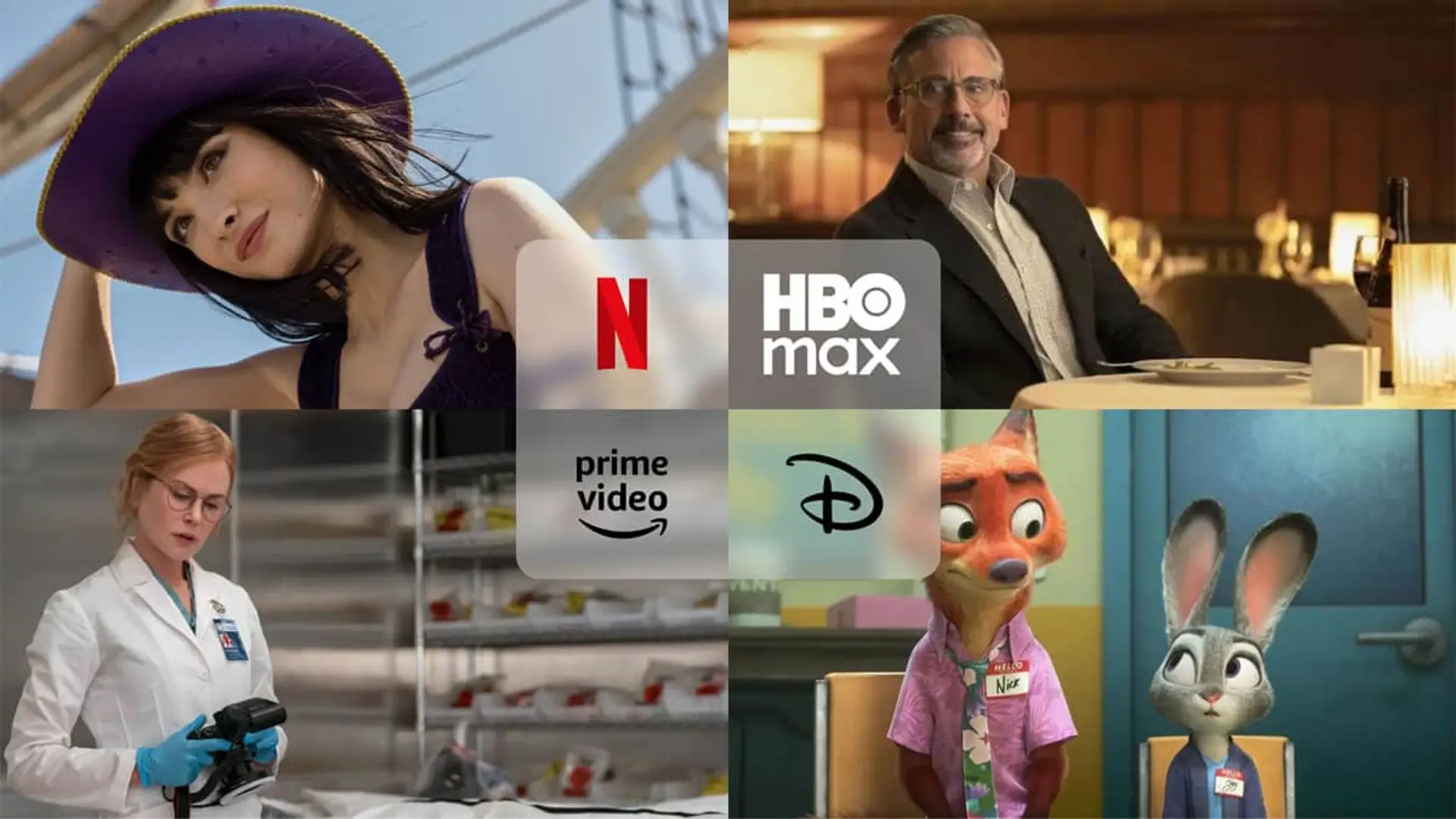 Collage con los estrenos Zootrópolis 2 (Disney+), One Piece (Netflix), Rooster (HBO Max) y Scarpetta (Prime Video).