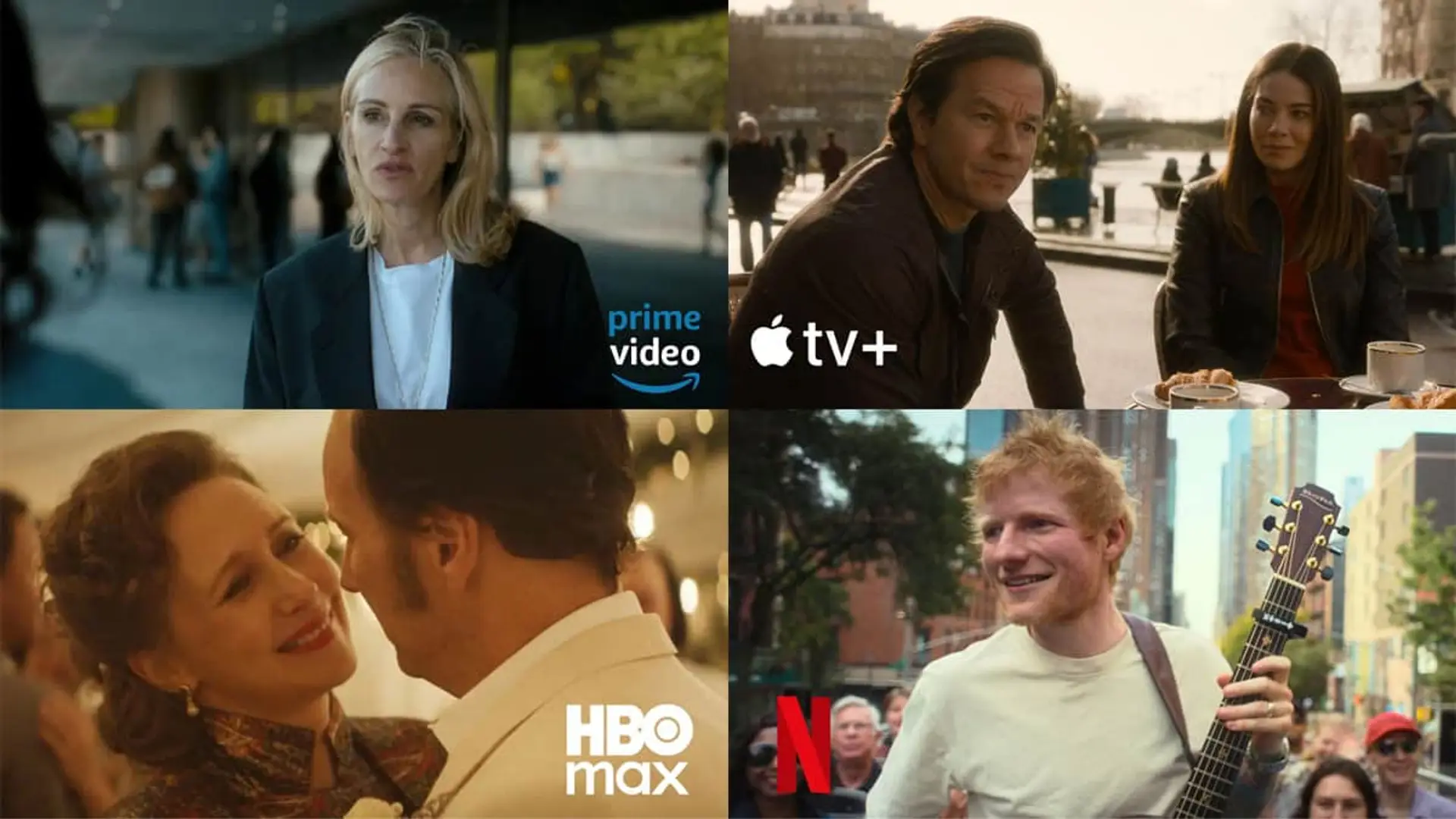 Collage con los estrenos de fin de semana Sin cortes con Ed Sheeran (Netflix), Expediente Warren (HBO Max), Caza de brujas (Prime Video) y Plan en familia 2 (Apple TV).