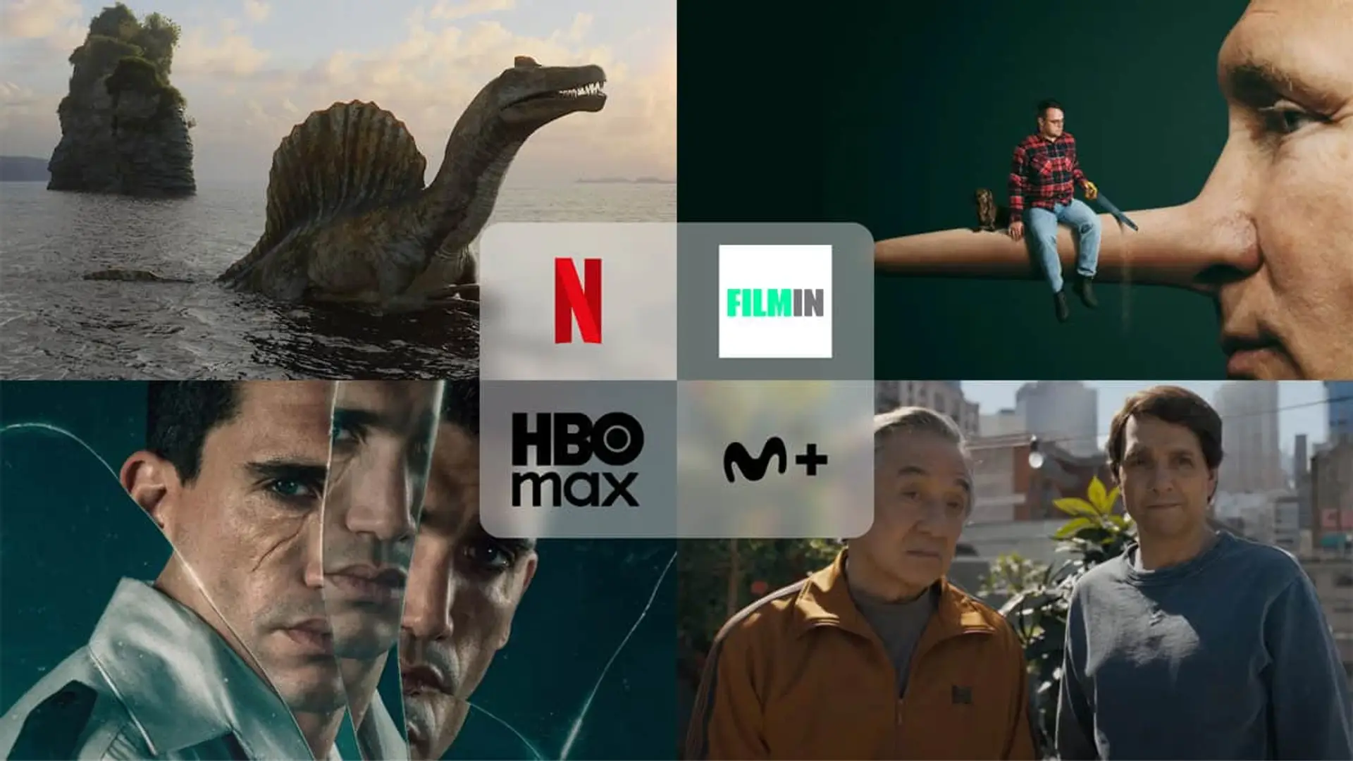 Collage con estrenos Los dinosaurios (Netflix), Karate Kid Legends (Movistar Plus+), Reversión (HBO Max) y Mr. Nobody contra Putin (Filmin).