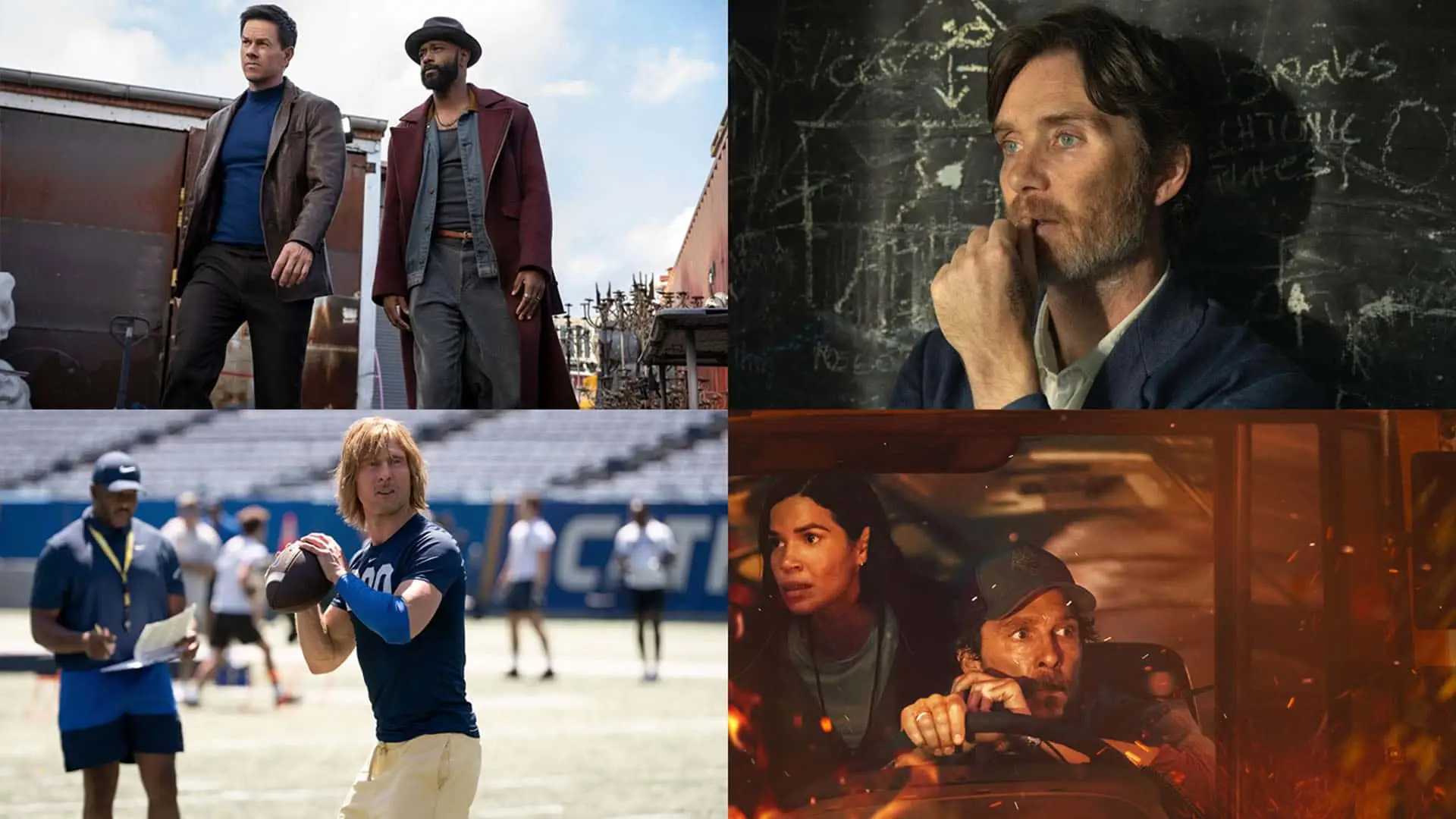 Collage de los próximos estrenos de cine y series, con Cillian Murphy, Mark Wahlberg, Glen Powell y Matthew McConaughey.