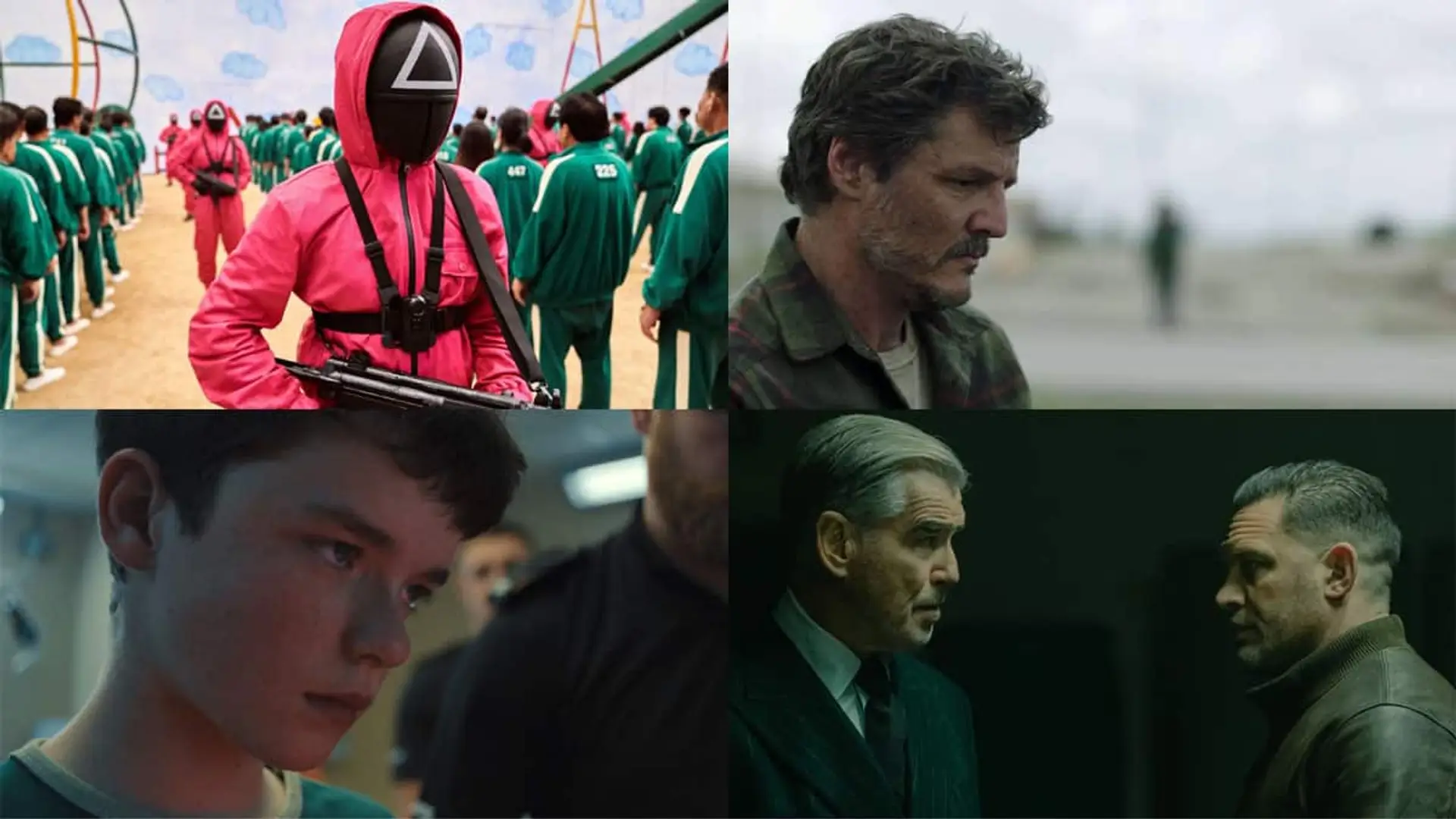 Collage de escenas de series de suspense con personajes en situaciones de tensión.