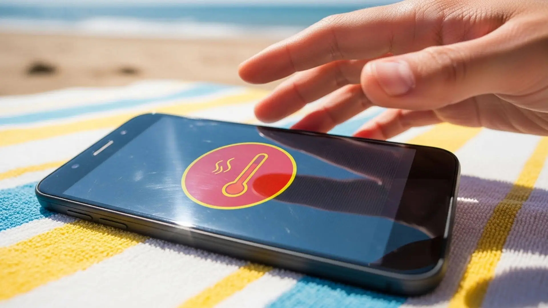 Móvil sobre toalla con advertencia de sobrecalentamiento por exposición al sol en la playa