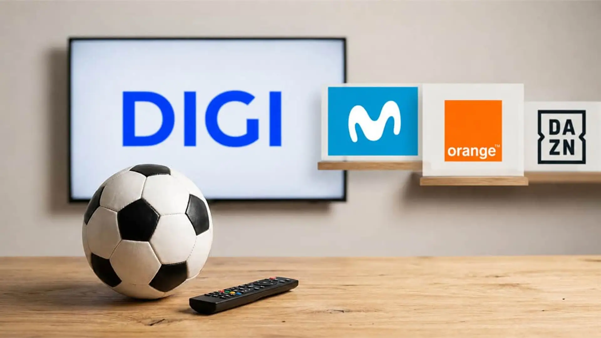 Movistar, Orange y Vodafone han encontrado su forma de vender el Mundial: Digi sigue sin la suya Comparativa de fútbol en TV con DIGI, Movistar, Orange y DAZN junto a balón y mando
