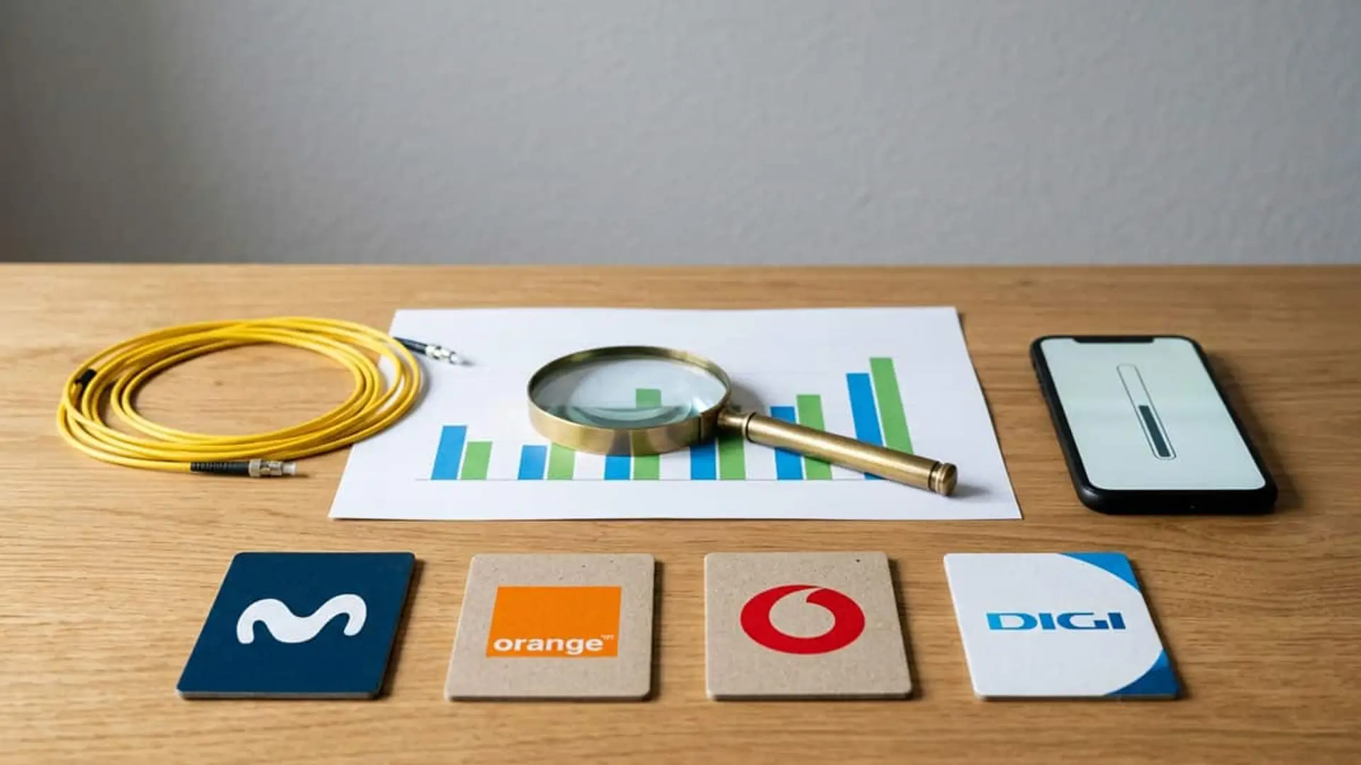 Logotipos de Movistar, Orange, Vodafone y DIGI sobre una mesa de madera, junto a un cable de fibra óptica amarillo, una lupa sobre un gráfico de barras y un teléfono móvil.