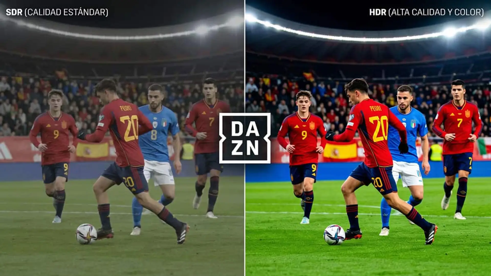 DAZN activa el HDR a tiempo para el Mundial 2026, pero no a través de tu operador: qué necesitas para verlo de verdad Comparativa entre SDR y HDR de un partido de fútbol con el logotipo de DAZN en el centro