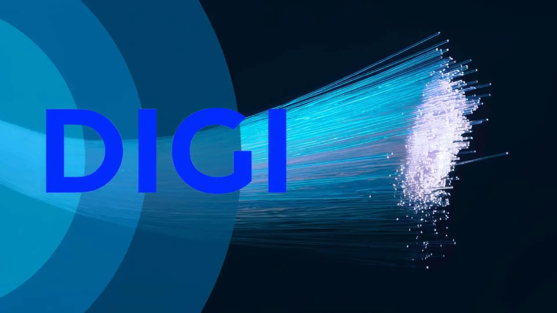 Logotipo de la compañía DIGI junto a un haz de cables de fibra óptica. Contrata la mejor conexión a internet de alta velocidad.