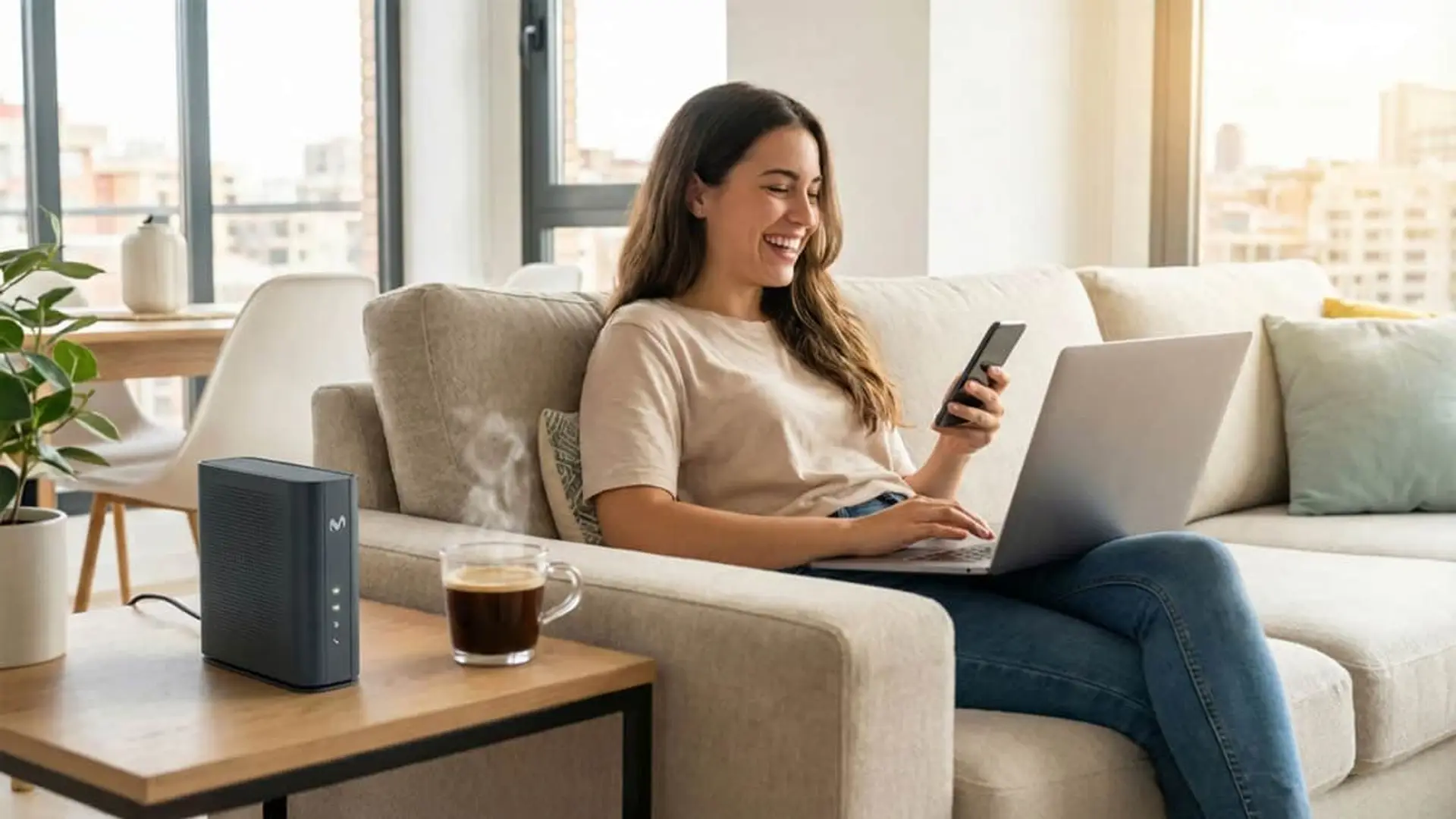 Mujer joven feliz trabajando en el sofá con portátil y móvil gracias al router Acceso Fijo Radio 5G de Movistar.