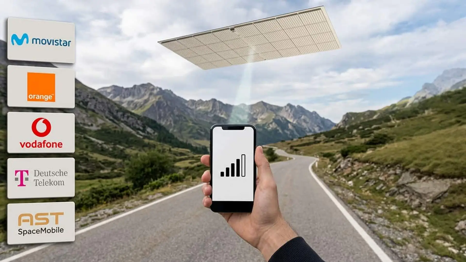 Telefónica, Orange, Vodafone y Telekom negocian un consorcio satelital con AST como favorita Mano sosteniendo un móvil con barras de cobertura en una carretera de montaña, bajo un satélite, con los logotipos de Movistar, Orange, Vodafone, Deutsche Telekom y AST SpaceMobile.