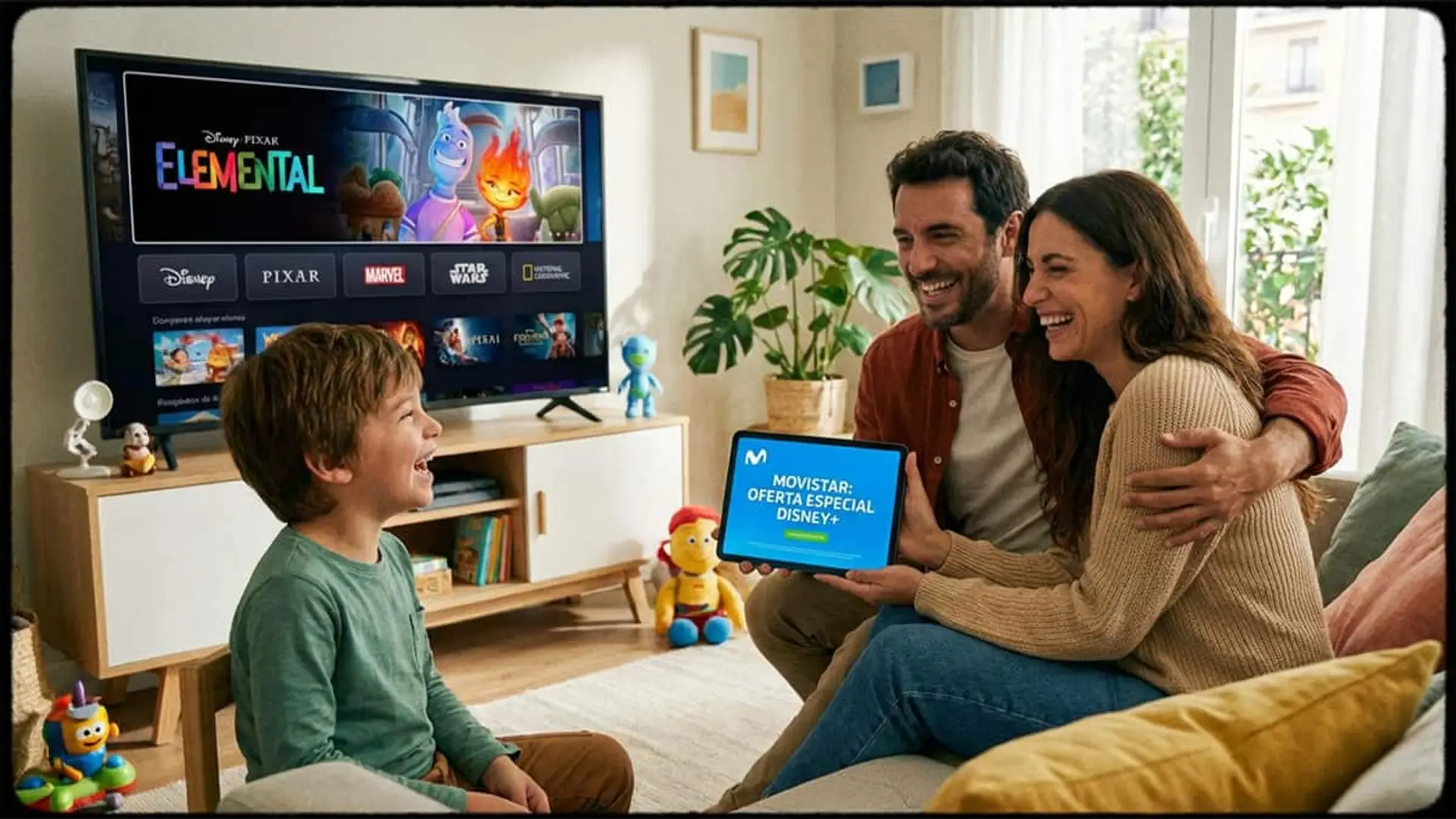 Movistar desploma el precio de Disney+ a 1,99 euros: solo debes cumplir estos dos requisitos Familia viendo Disney+ en televisión mientras consulta una oferta especial de Movistar en una tablet.