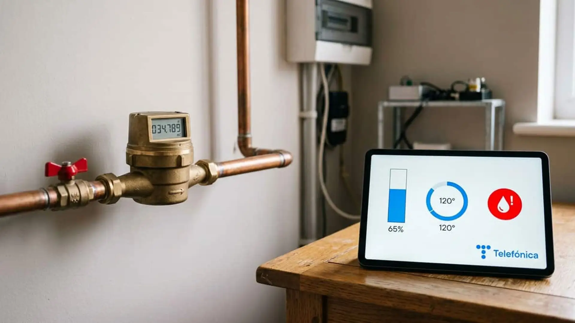 Telefónica estrena una plataforma de contadores de agua con alertas de fugas y gestión remota Contador de agua digital instalado en una tubería de cobre junto a una tablet con indicadores de consumo y logotipo de Telefónica.