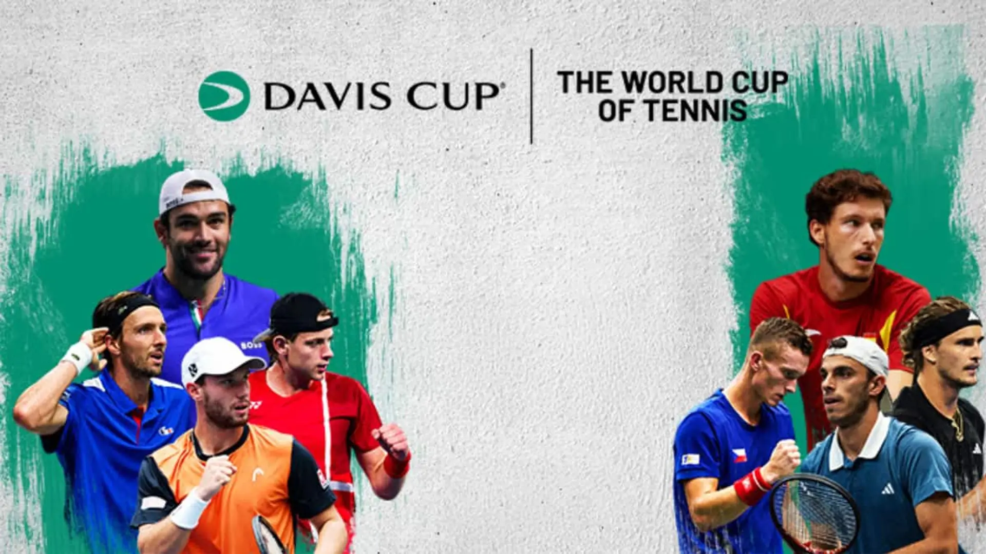 Cartel oficial de la Copa Davis 2025 con varios jugadores de distintas selecciones sobre fondo artístico.