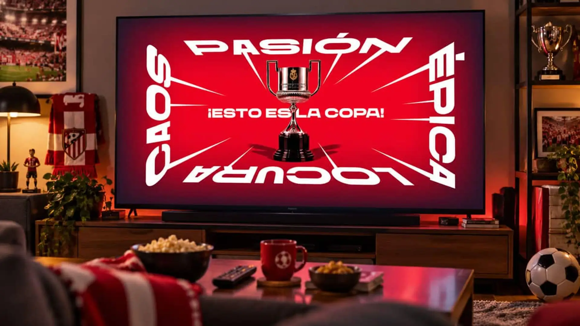 Copa del Rey en Movistar Plus: 15 partidos de la primera ronda, con canal, dial y hora Televisor con la campaña Pasión Épica de la Copa del Rey en un salón decorado con elementos del Atlético de Madrid.